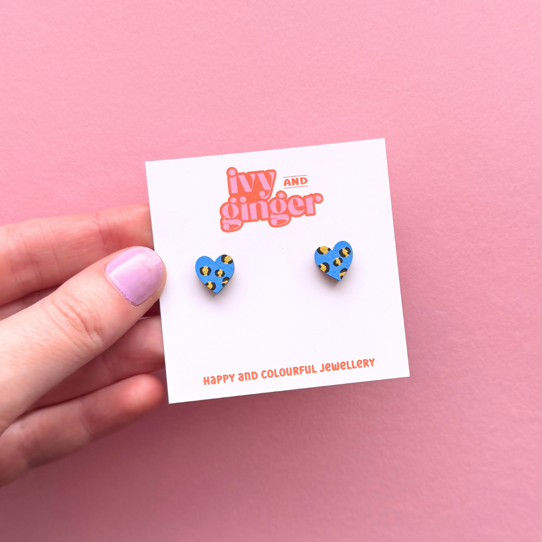 Hand Painted Mini Leopard Print Blue And Gold Heart Stud Earrings