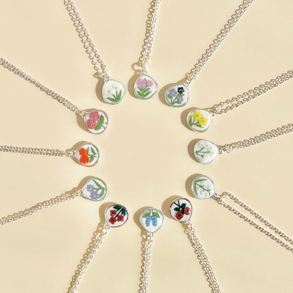 Birth Flower Pendant Necklace - Handmade Polymer Clay Necklace