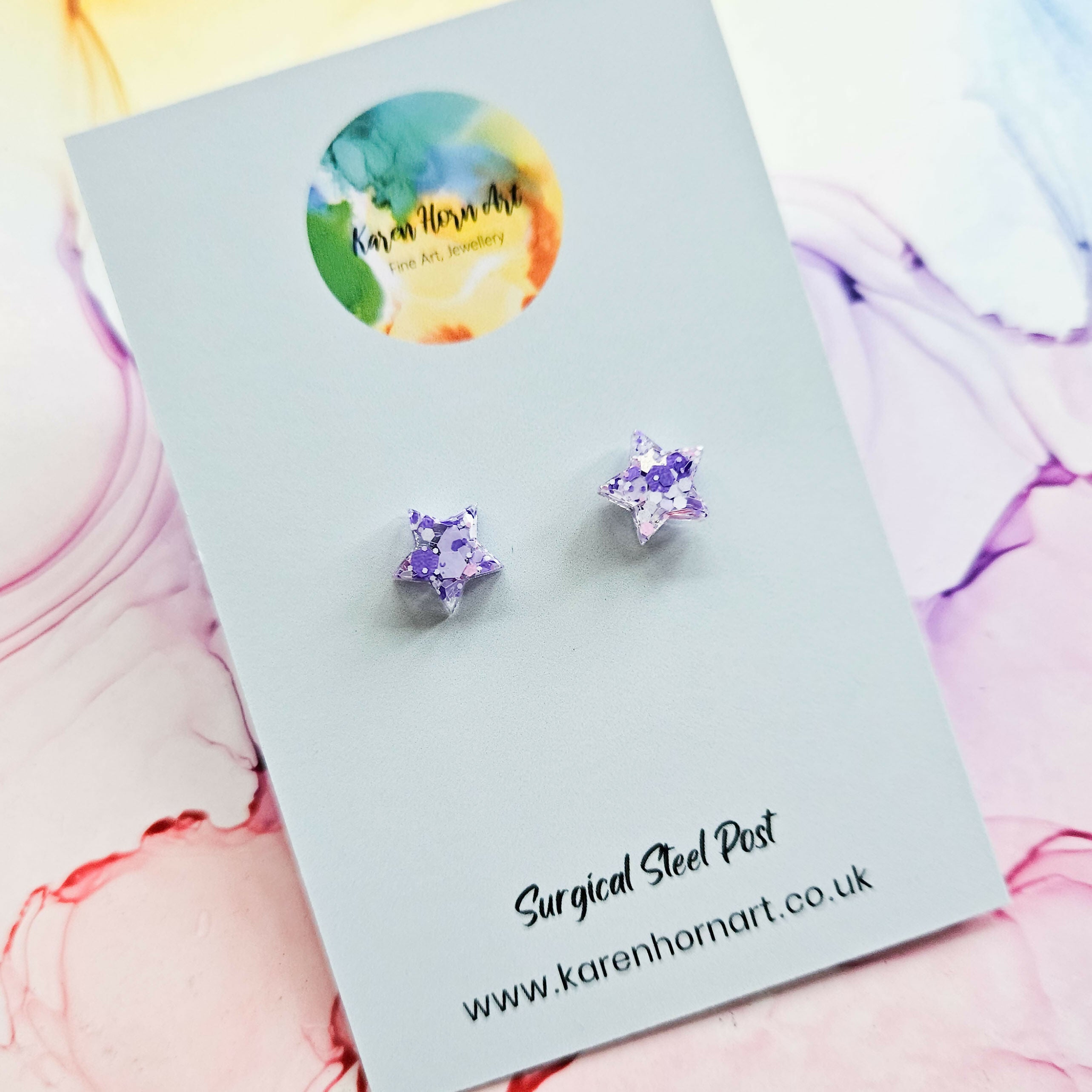 Handmade Glitter Stars Resin Studs Purple Pink Or White Neon