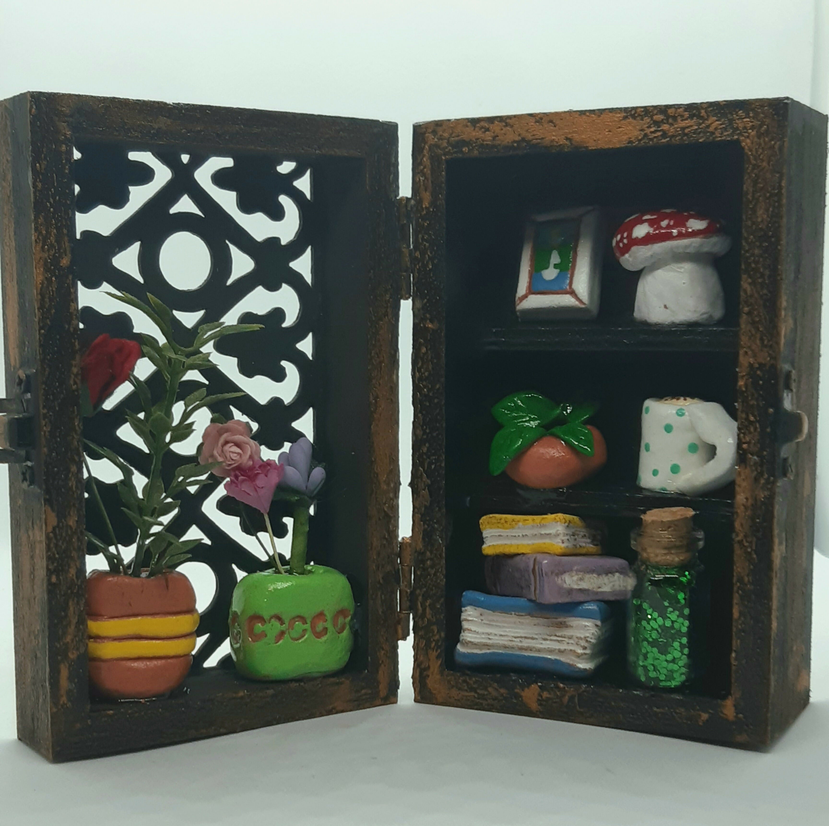 Bookcase Diorama Clay Trinket Filled Wooden Box