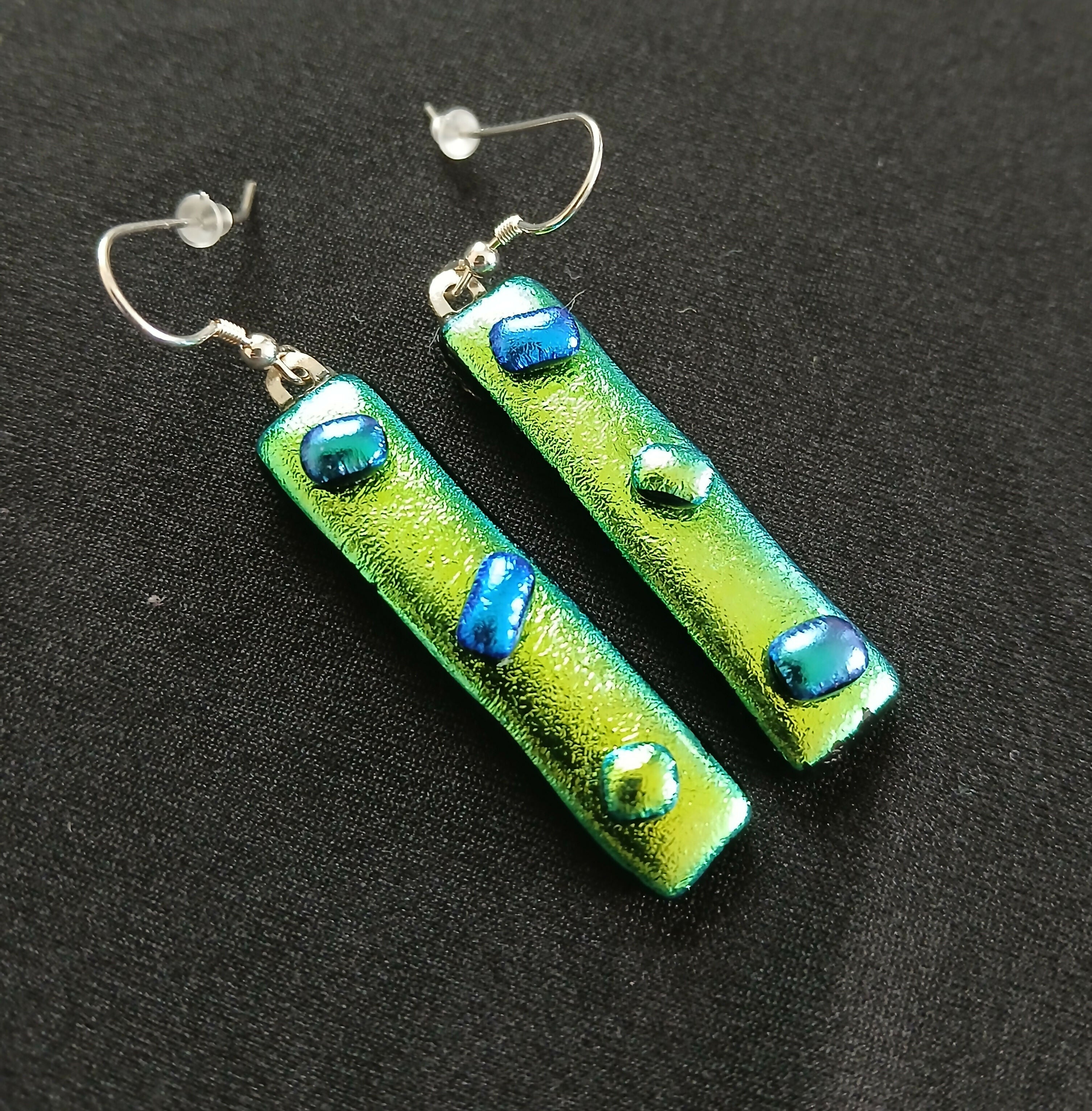 Fused Dichroic Glass Earrings in Yellow and Green With Sterling Silver Hooks