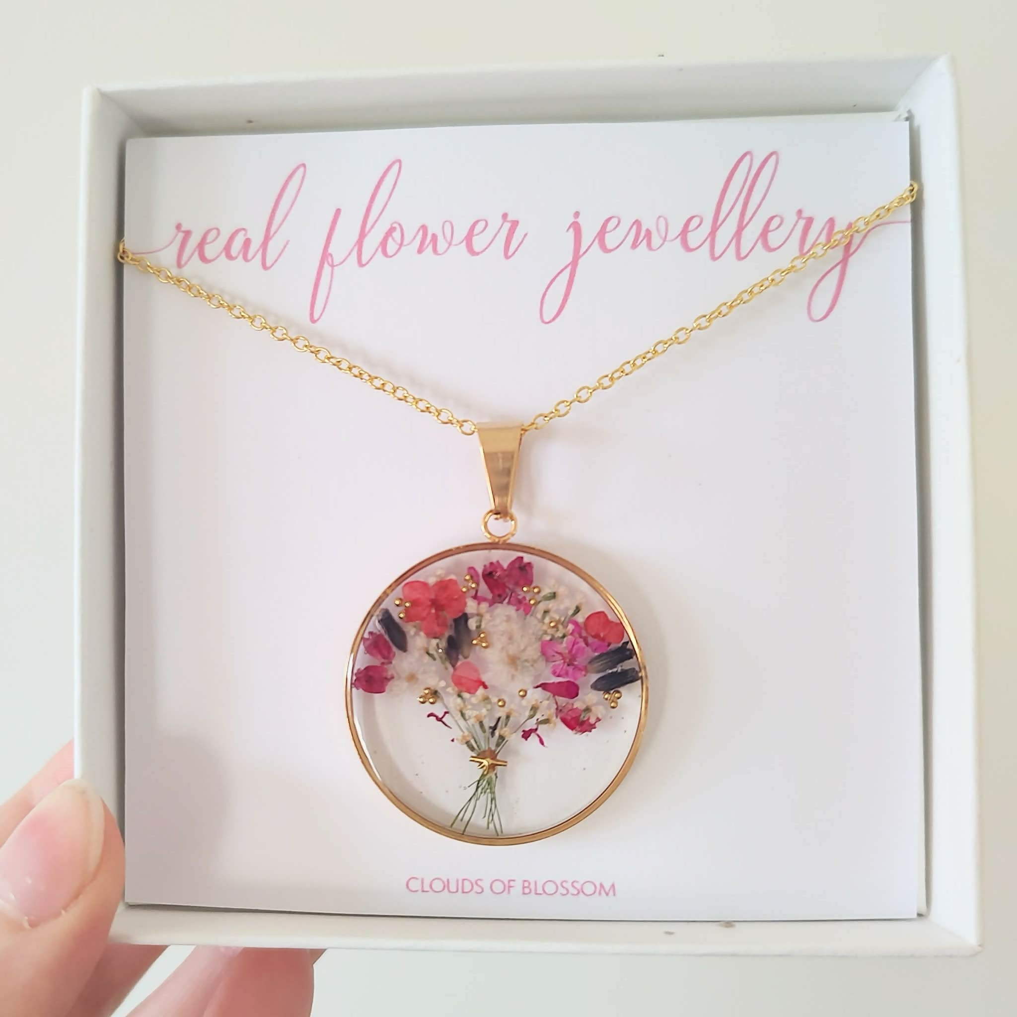 Pressed Flower Pink Bouquet Circle Necklace Gold Plated Stainless Steel