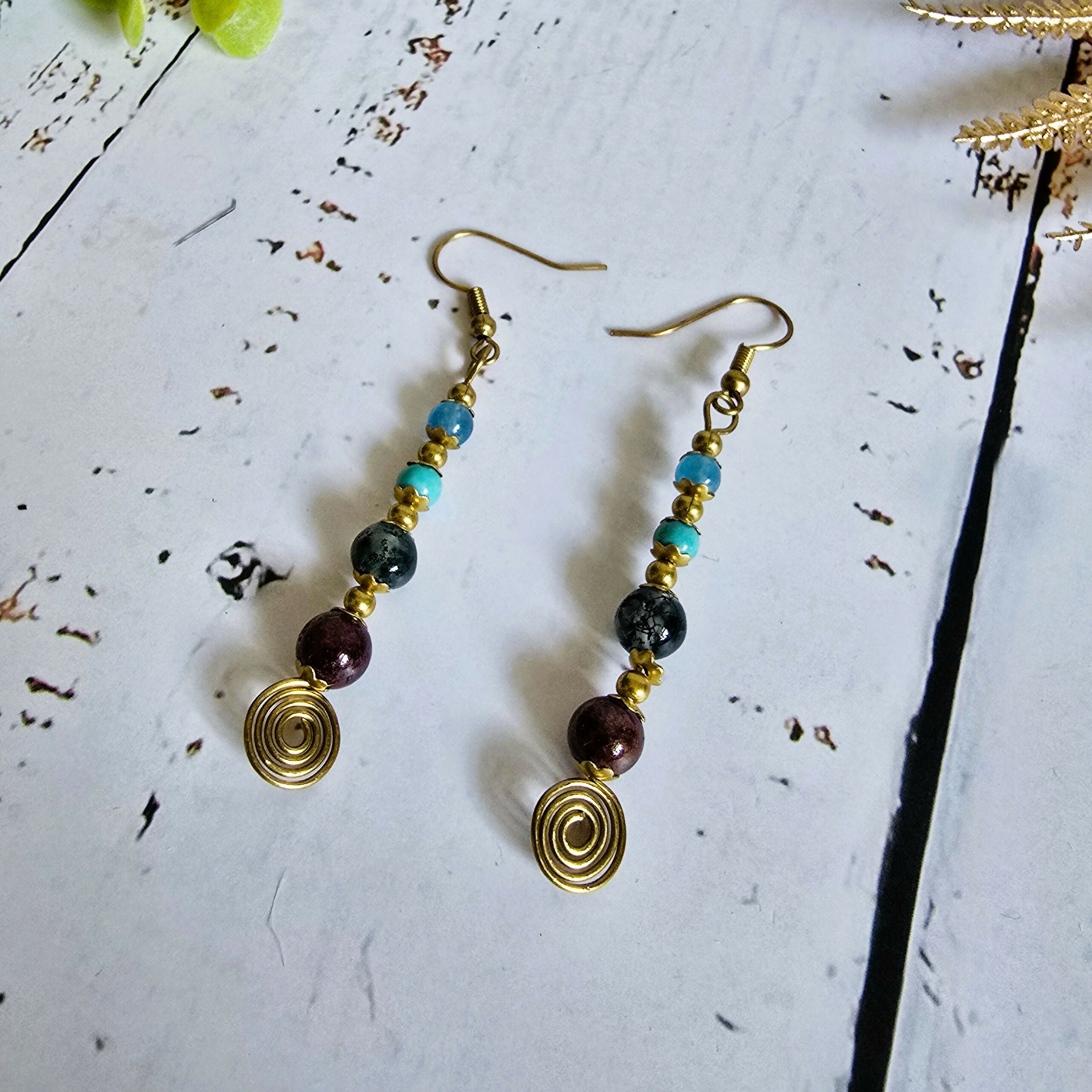 Aquamarine, Turquoise, Moss Agate & Garnet Crystal Drop Earrings; Delicate Boho Gemstone Earrings