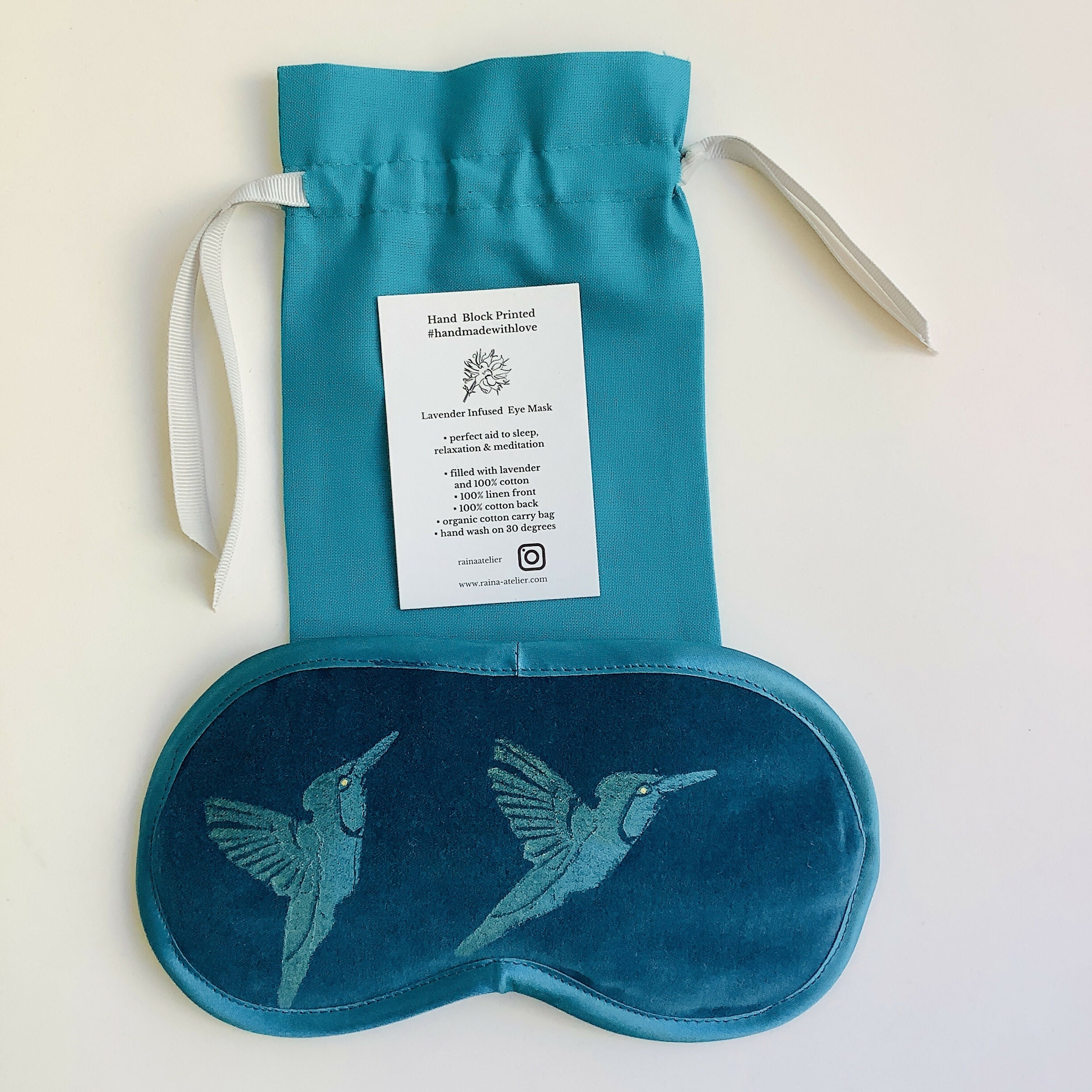 Teal Hummingbird Velvet Lavender Eye Mask