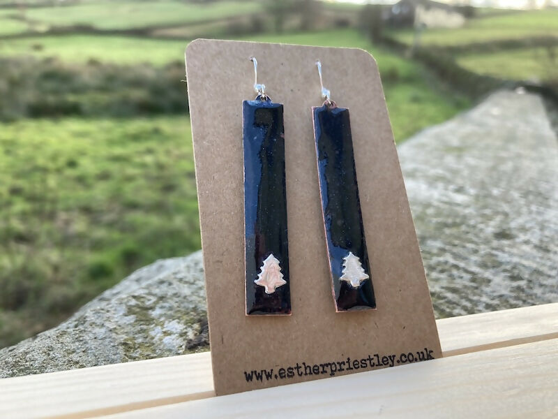 Black Enamel Drop Earrings With Fine Silver Christmas Tree