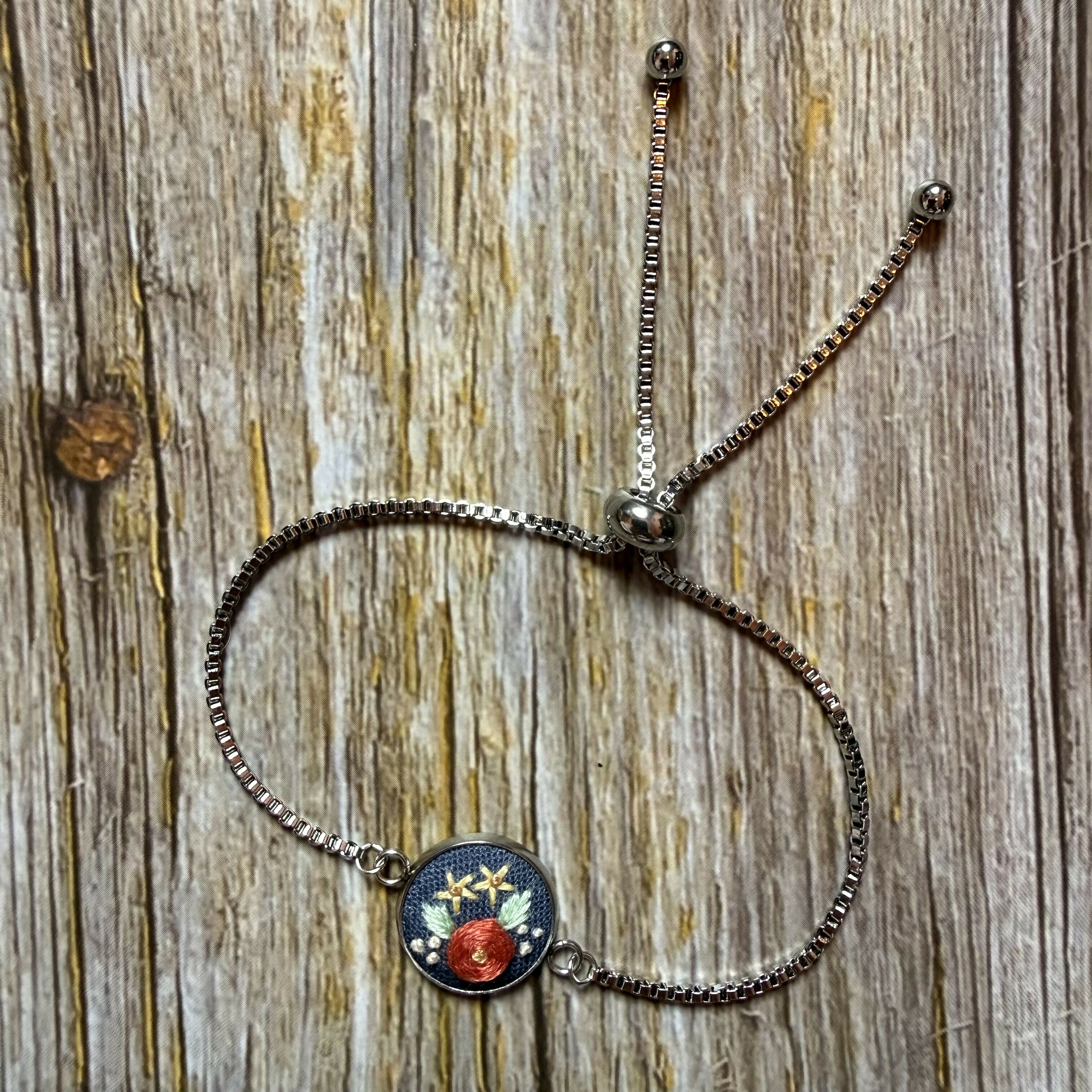 Hand Embroidered Blue Floral Bracelet
