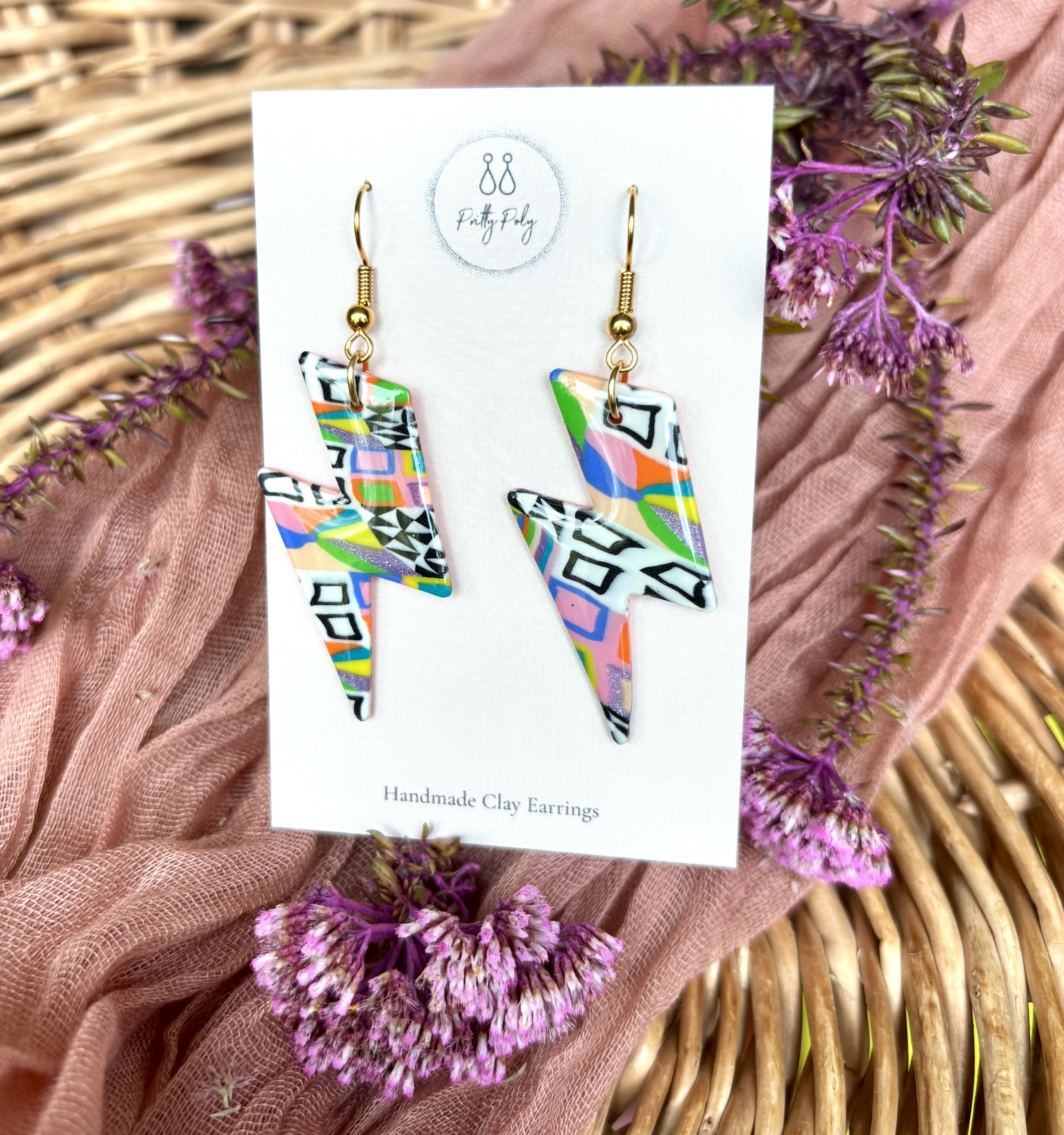 Funky Pattern Collection - Lightening Bolts Polymer Clay Earrings Hooks