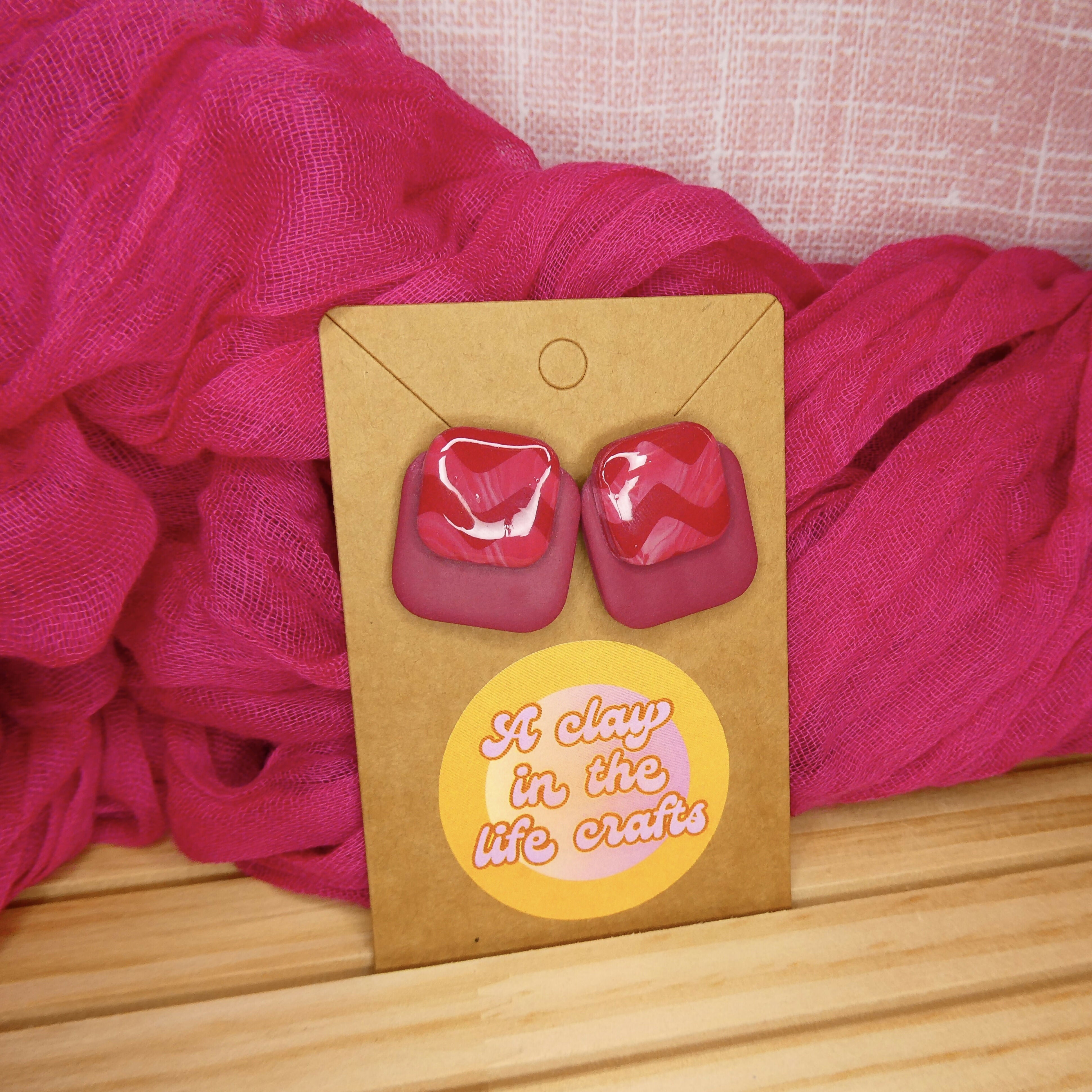 Pink Wavy Square Stud Polymer Clay Earrings