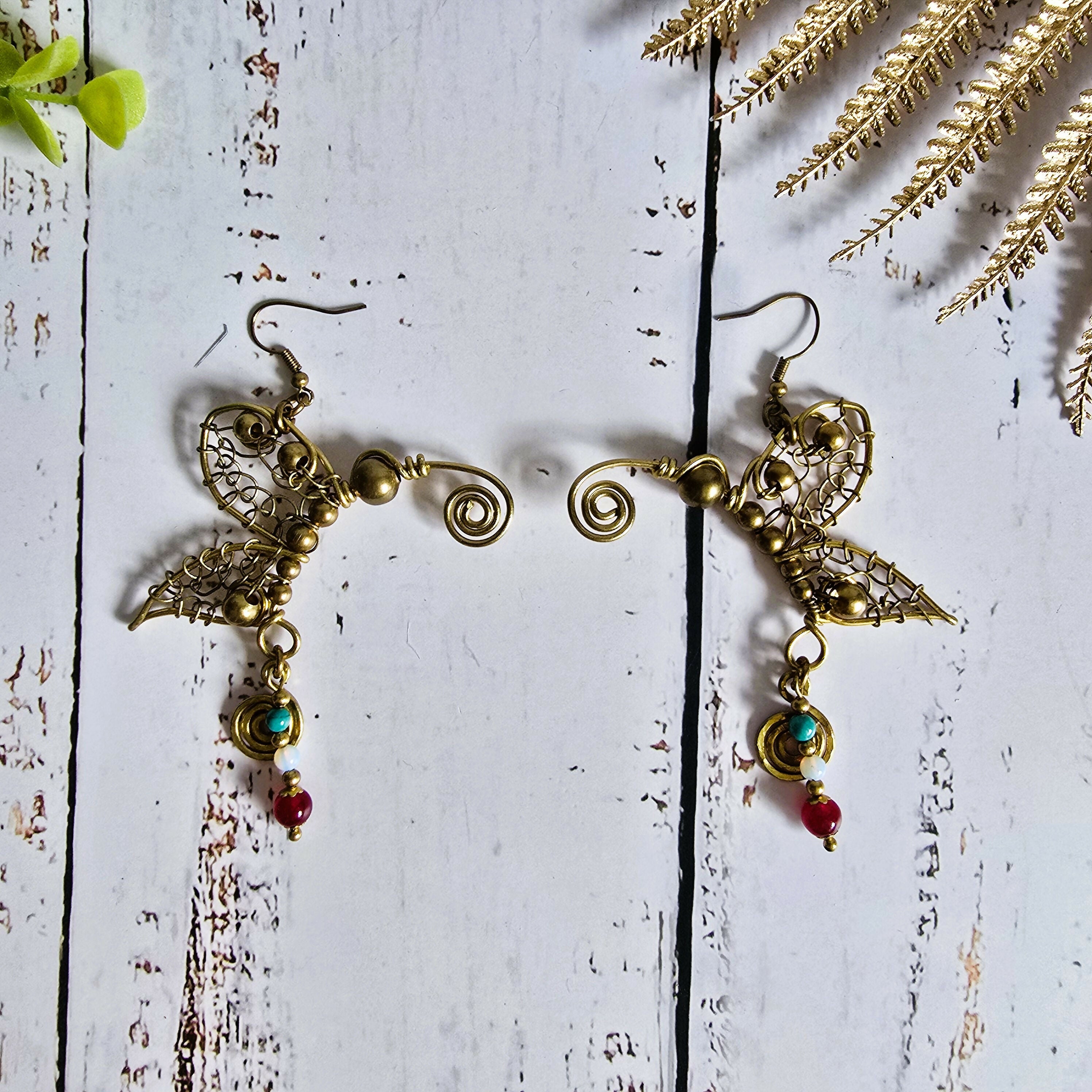 Handmade Butterfly Earrings; Intricate Wire Art With Turquoise, Moonstone & Rubellite Crystals