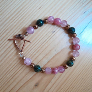 Pure Copper Toggle Bracelet with Rose Pink Jade, Copper Hematite and Green Snowflake Obsidian
