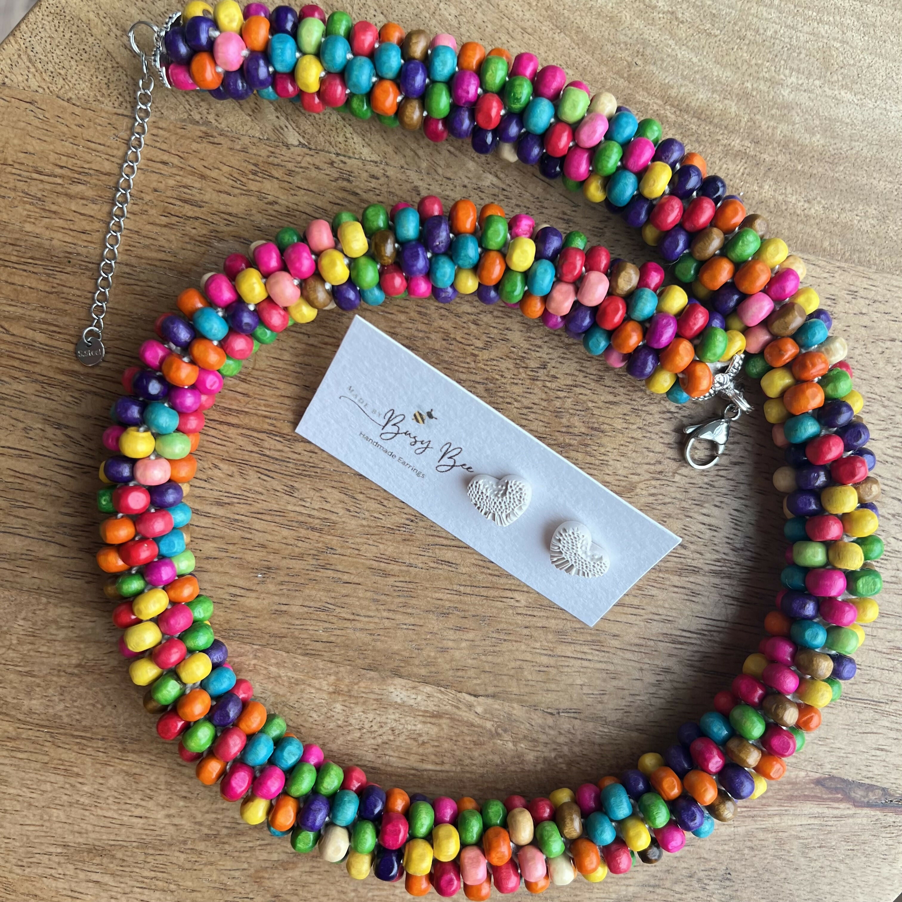 Boho Chic Wood Beads Choker/ Handmade Multicolour Necklace with FREE pair of studs