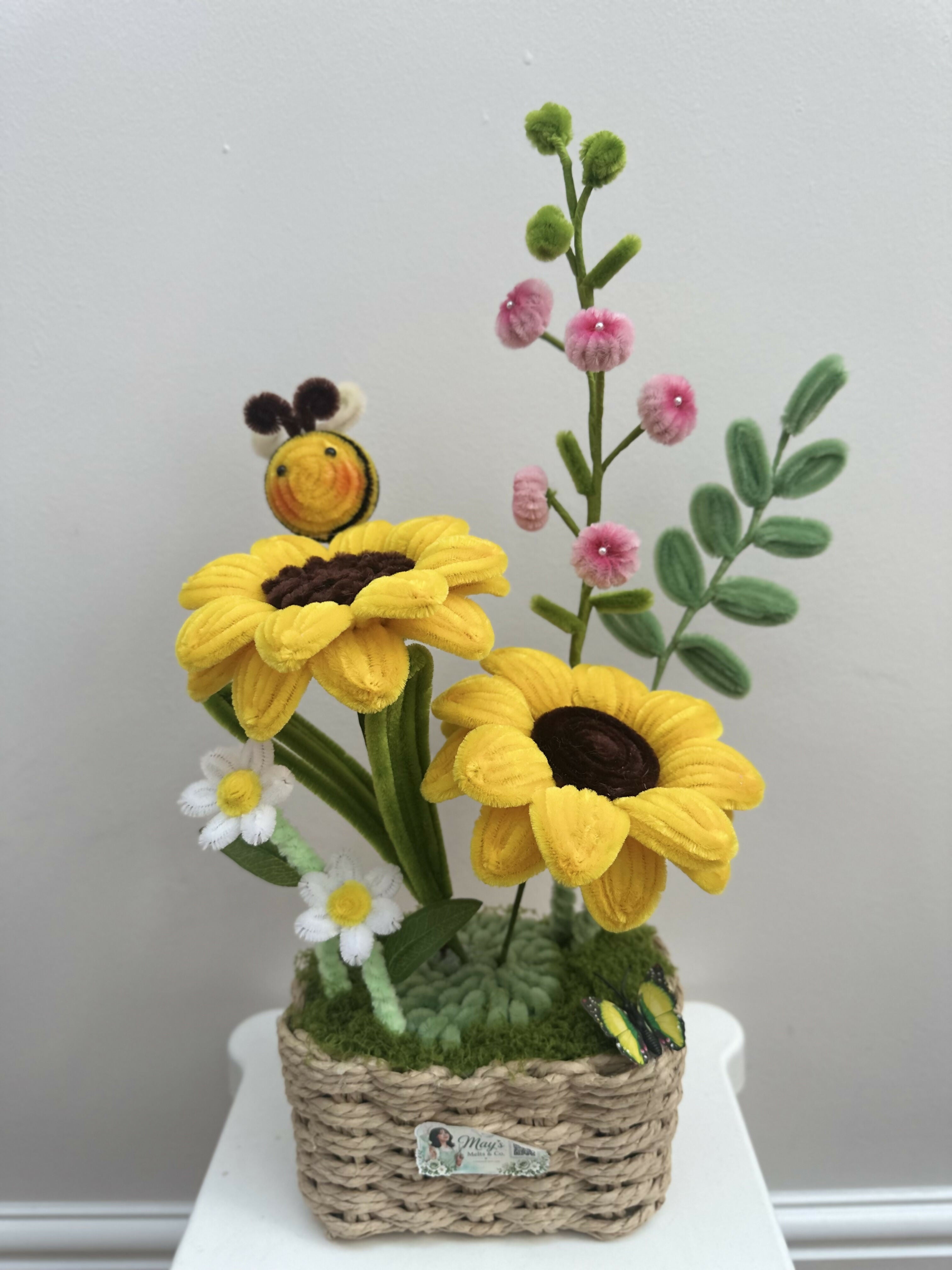 Handmade Chenille Sunflower Basket Arrangement