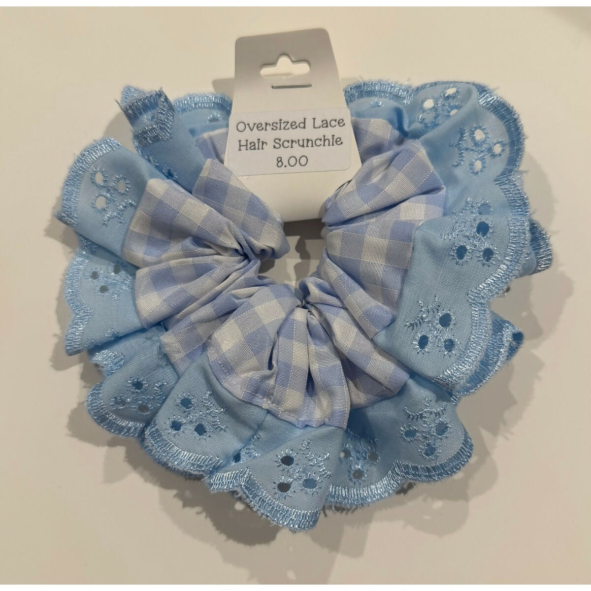 Baby Blue Gingham Oversized Ruffle Broderie Lace Hair Scrunchie