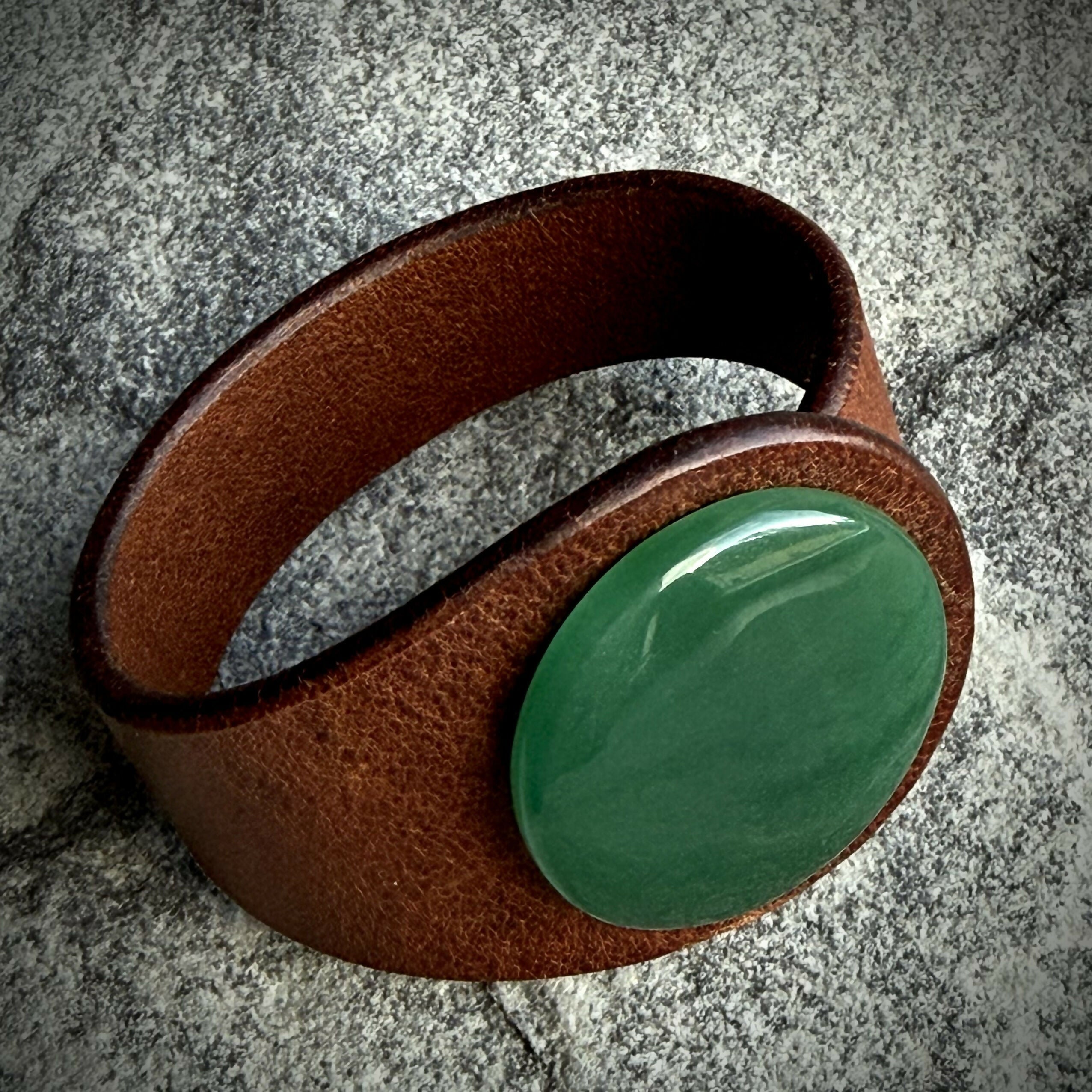 Handcrafted Natural Leather & Nephrite Jade Gemstone Bracelet - Size S or M