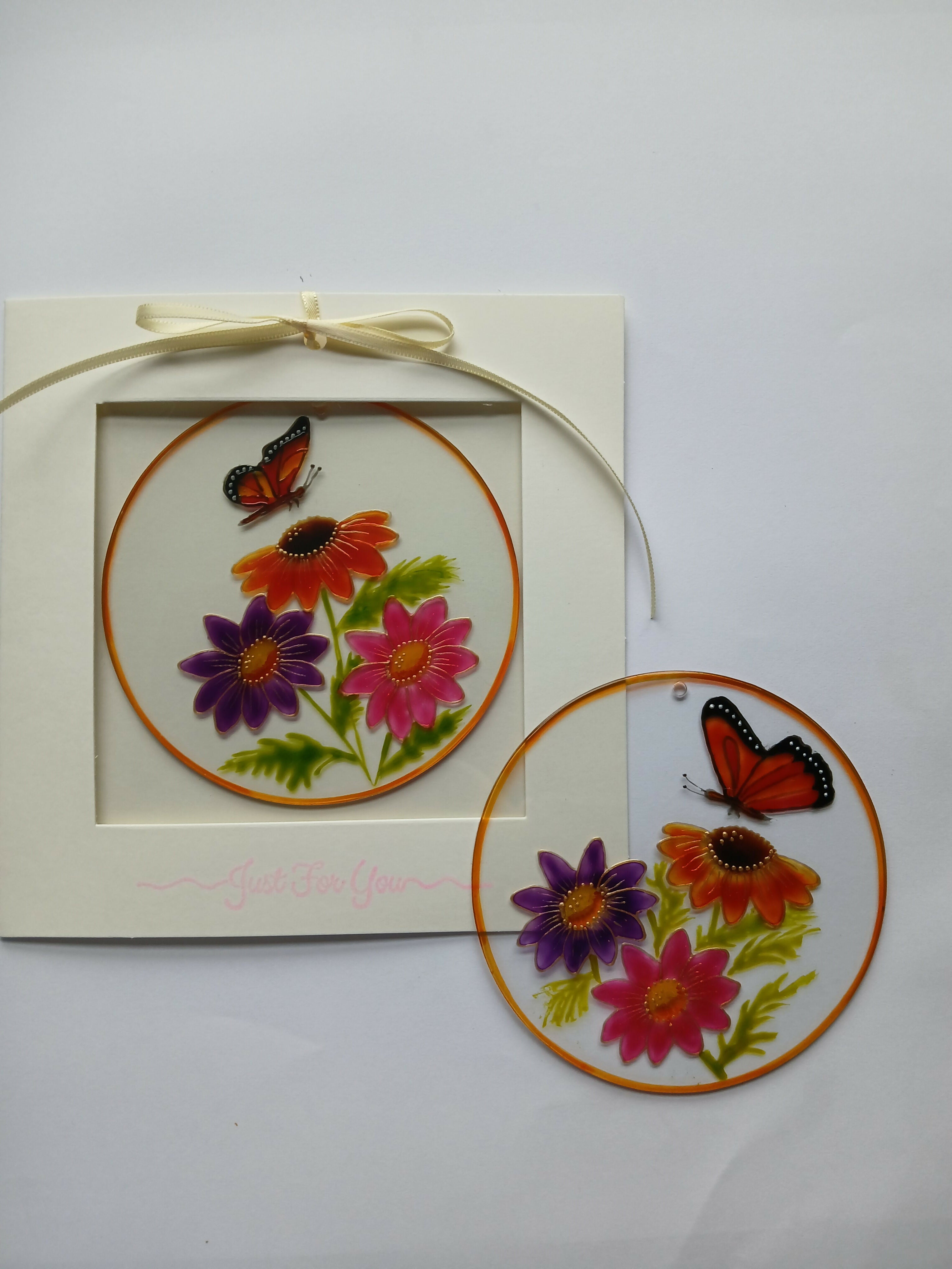 Hand Painted flowers Card/Gift Glass Plaque Suncatcher