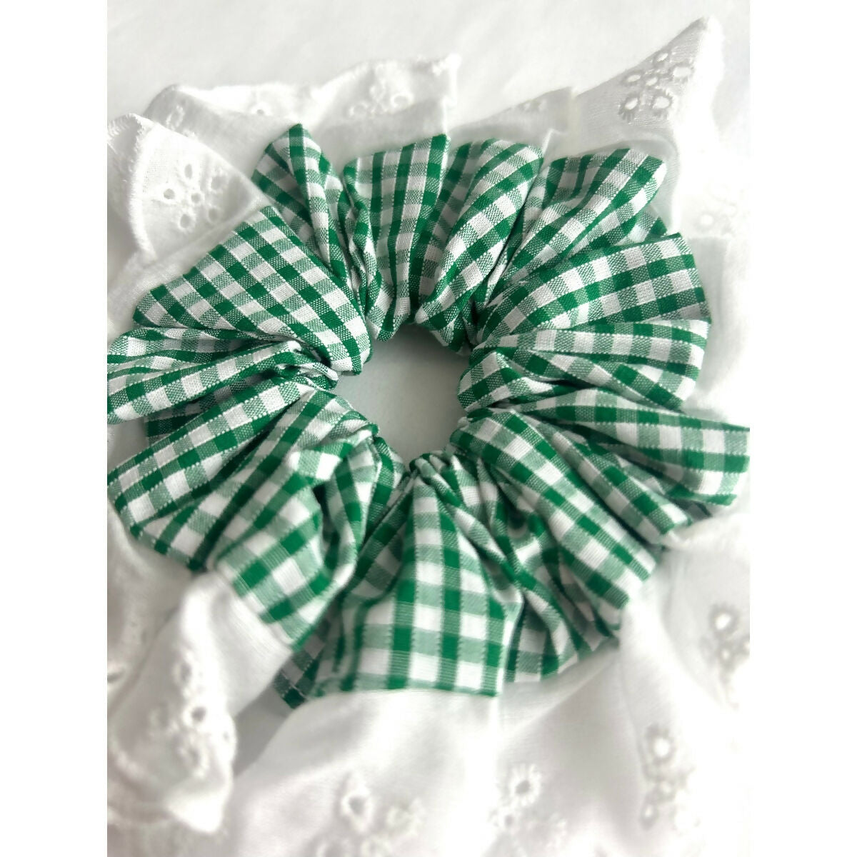Green Gingham Oversized Ruffle Broderie Lace Hair Scrunchie