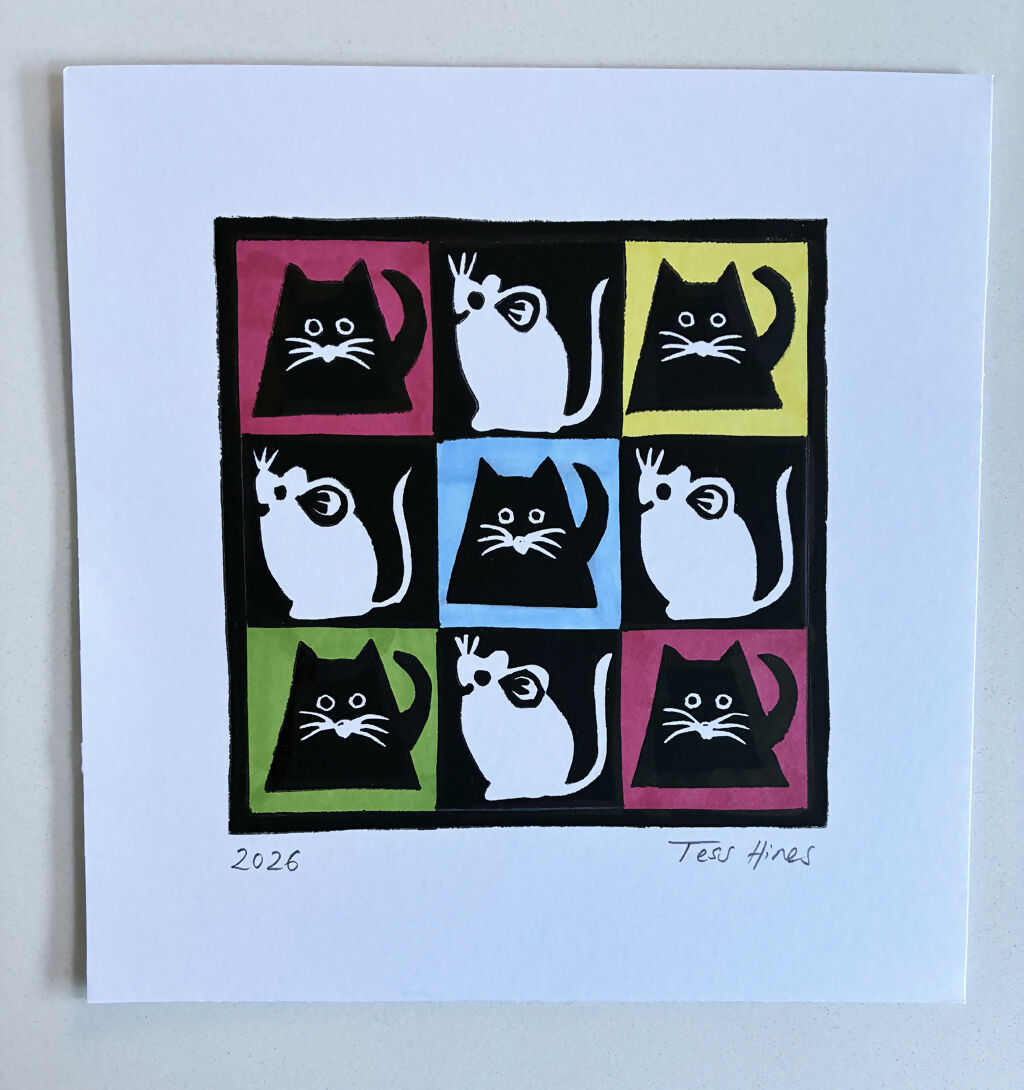 Original Linocut of Cats and Mice.