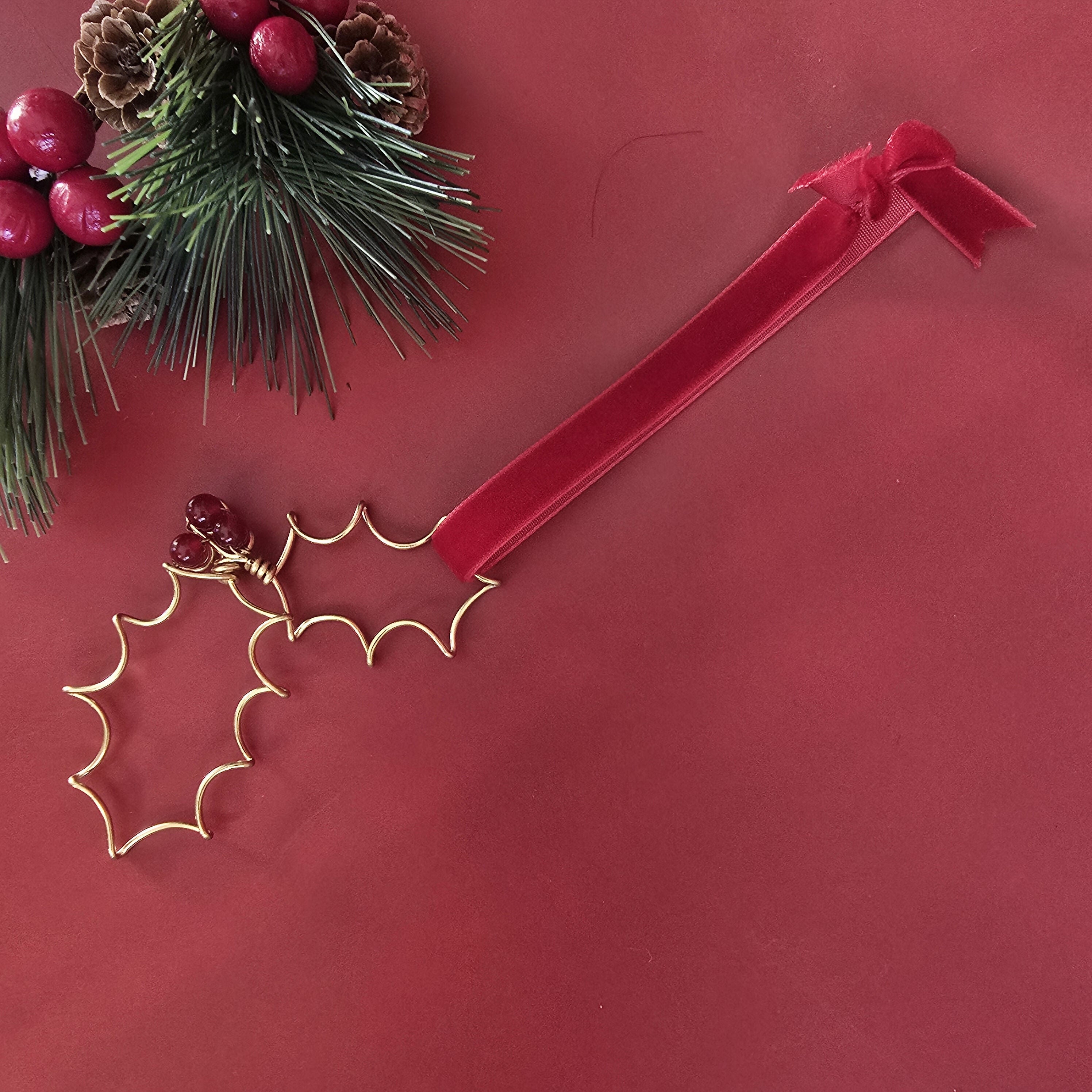 Christmas Holly Brass Wire Tree Hanging Decor With Rubellite Crystal