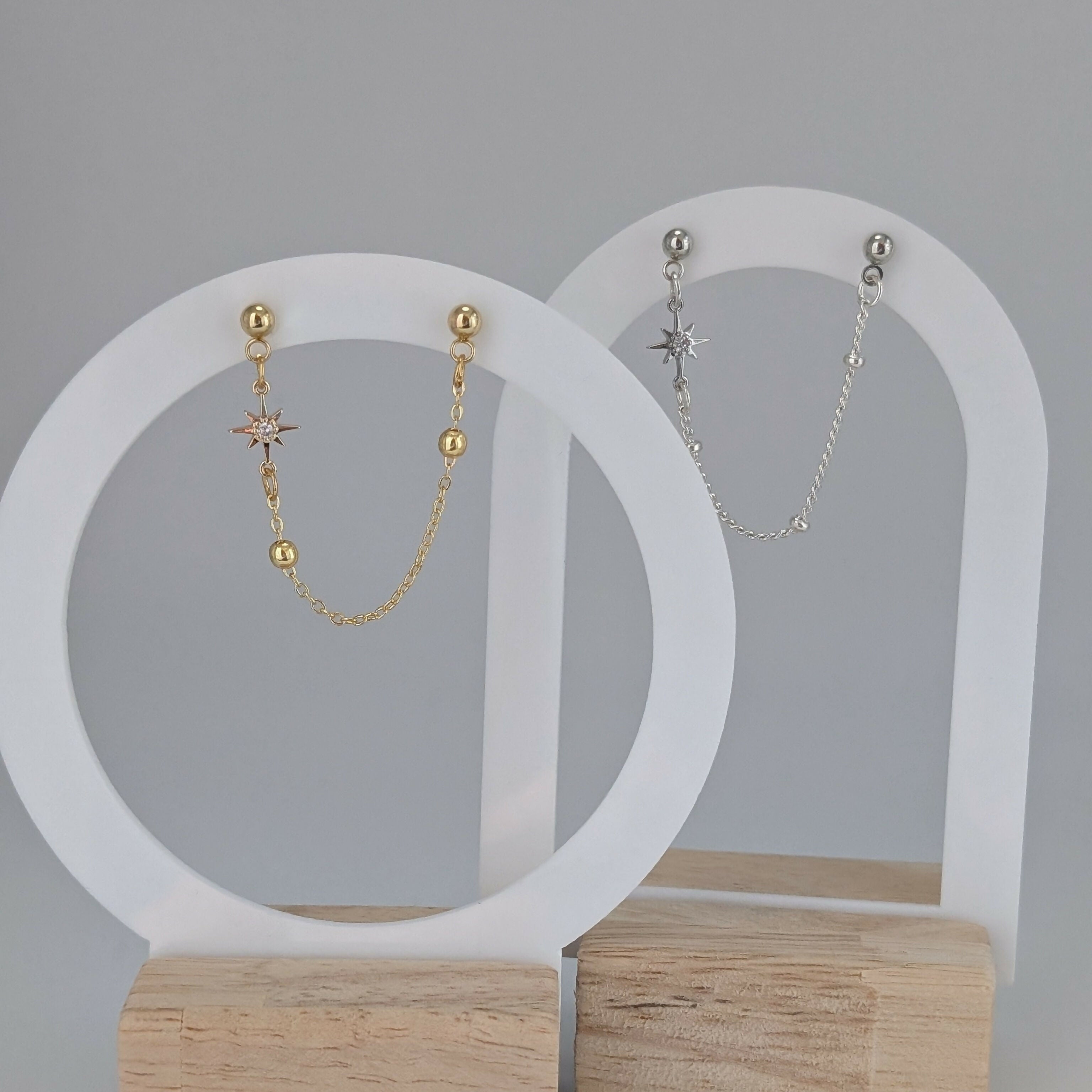 Tiny Star Cubic Zirconia Gold Double Chain Earrring on Gold Plated Ball Stud