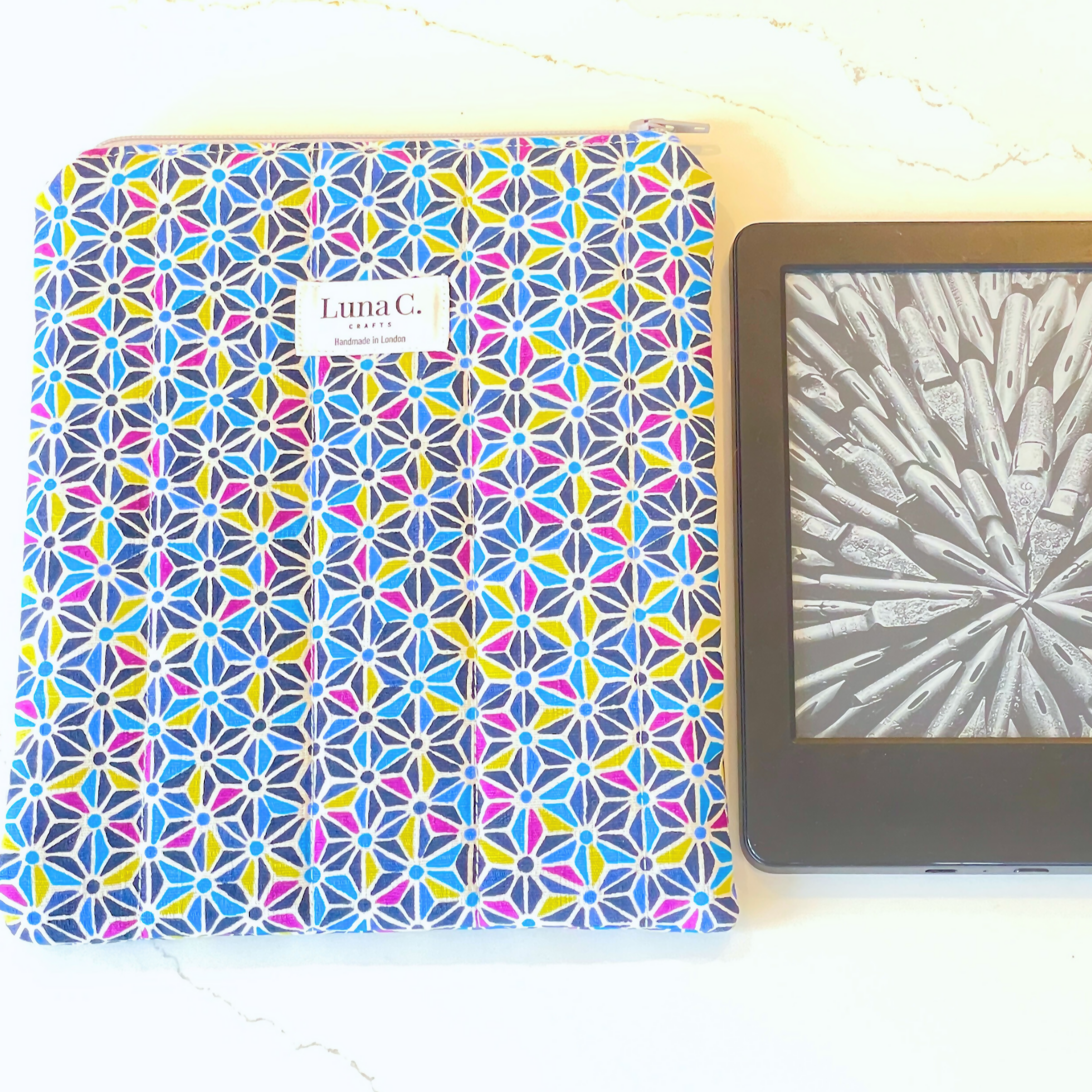 Blue Asanoha Light Blue Gingham Lining Zipped Book or Kindle Sleeve