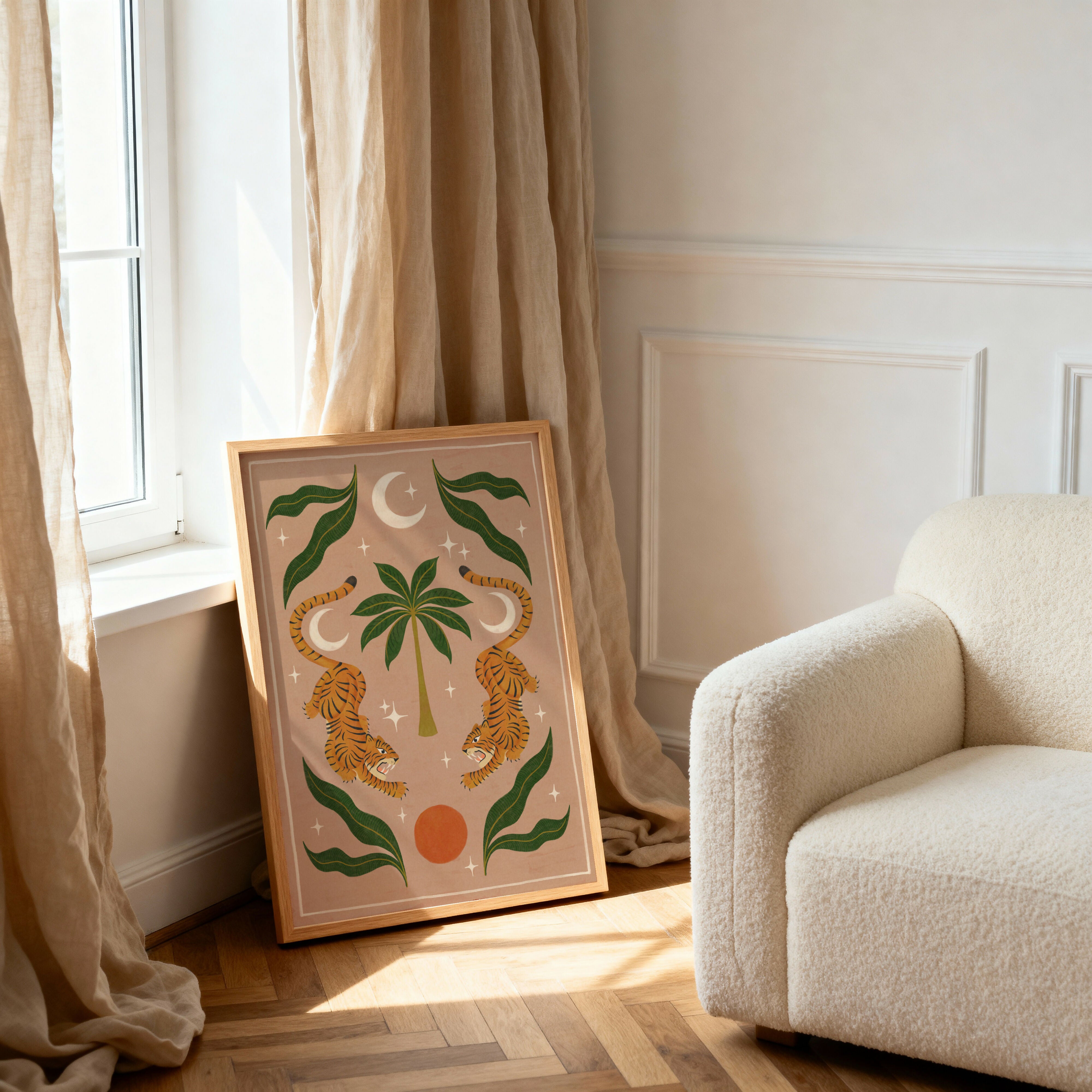 Tiger Art Print, Boho Tropical Wall Art, Symmetrical Tiger Illustration Sun Moon Decor (A3)