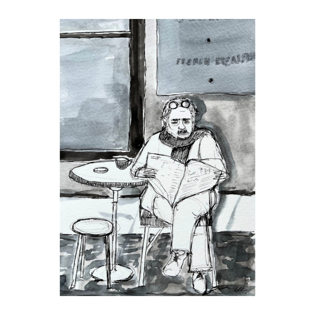 Café Reader Art Print | Monochrome Watercolour Portrait Print