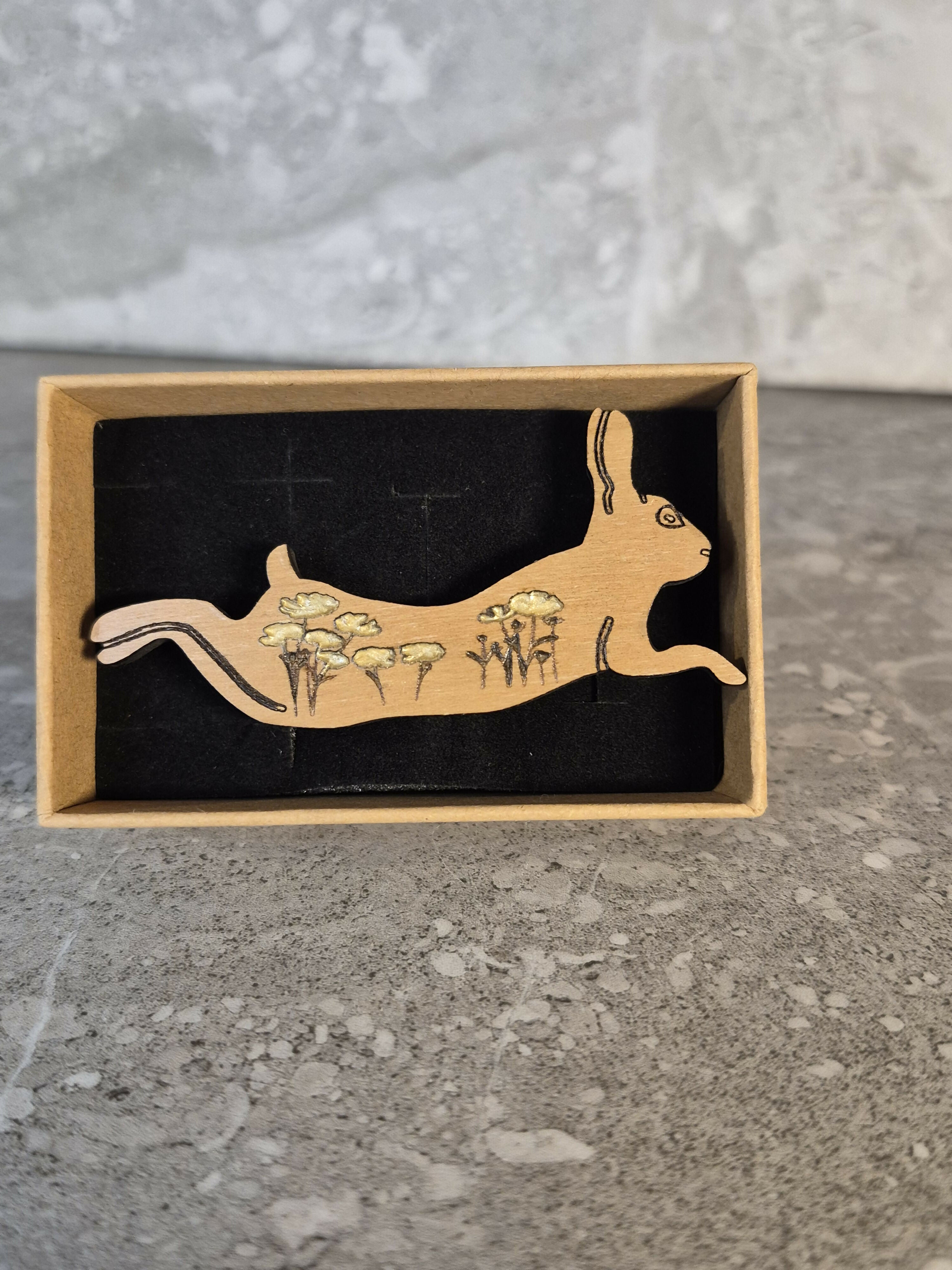 Handcrafted Cherry Veneered Leaping Hare Pin