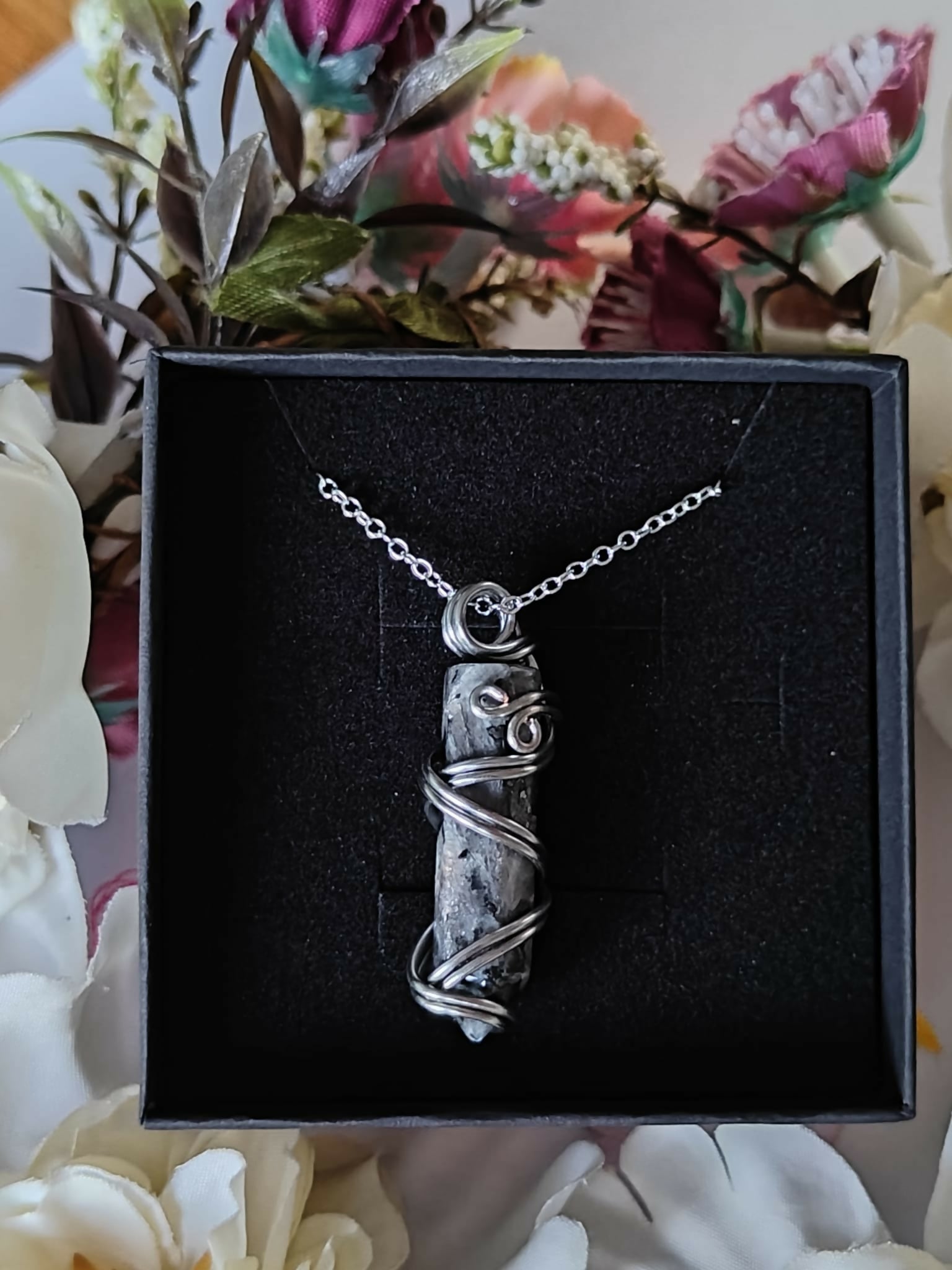 Labradorite Wire Wrapped Crystal Point Necklace on Sterling Silver Chain