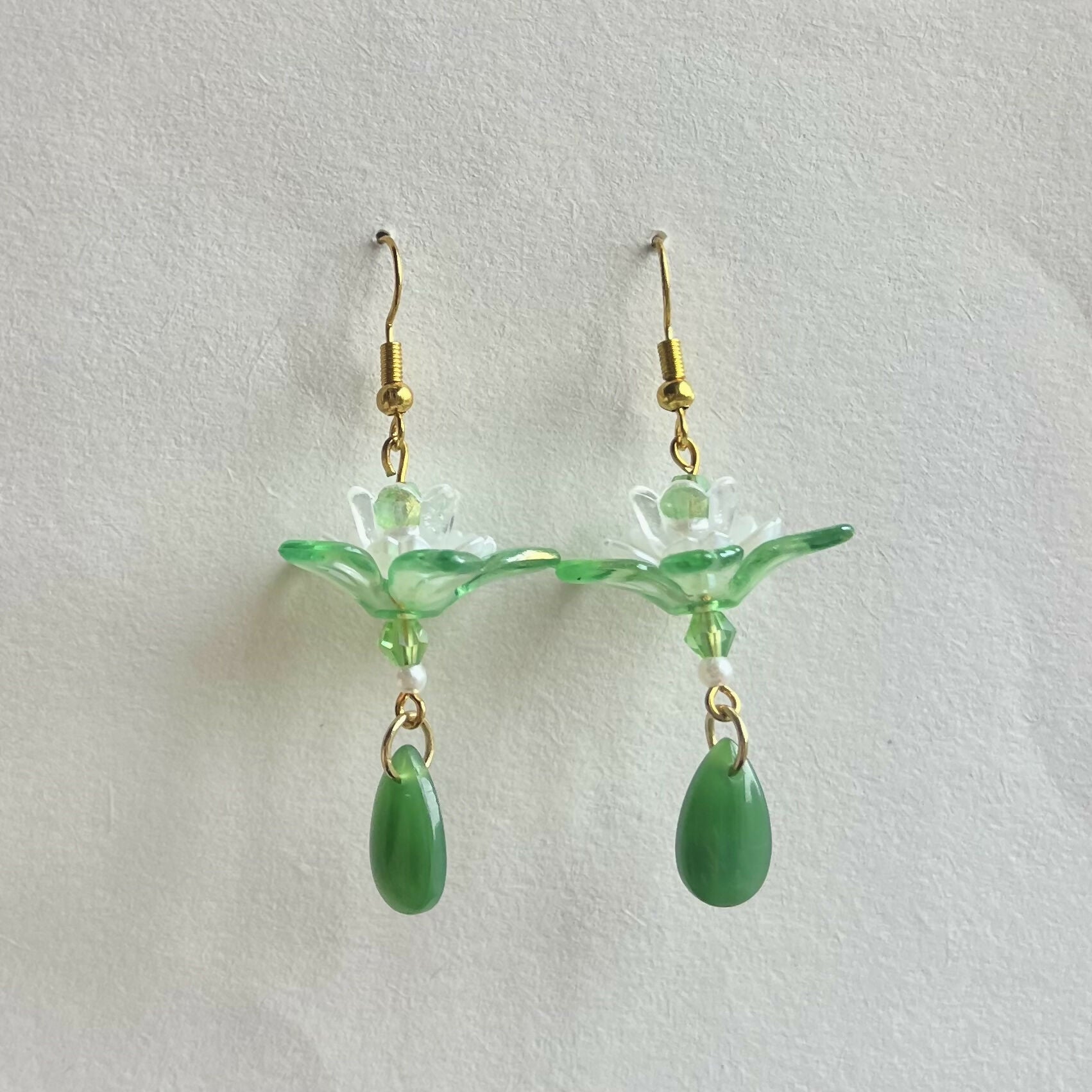 Lotus Flower Green Earrings Glass Teardrop