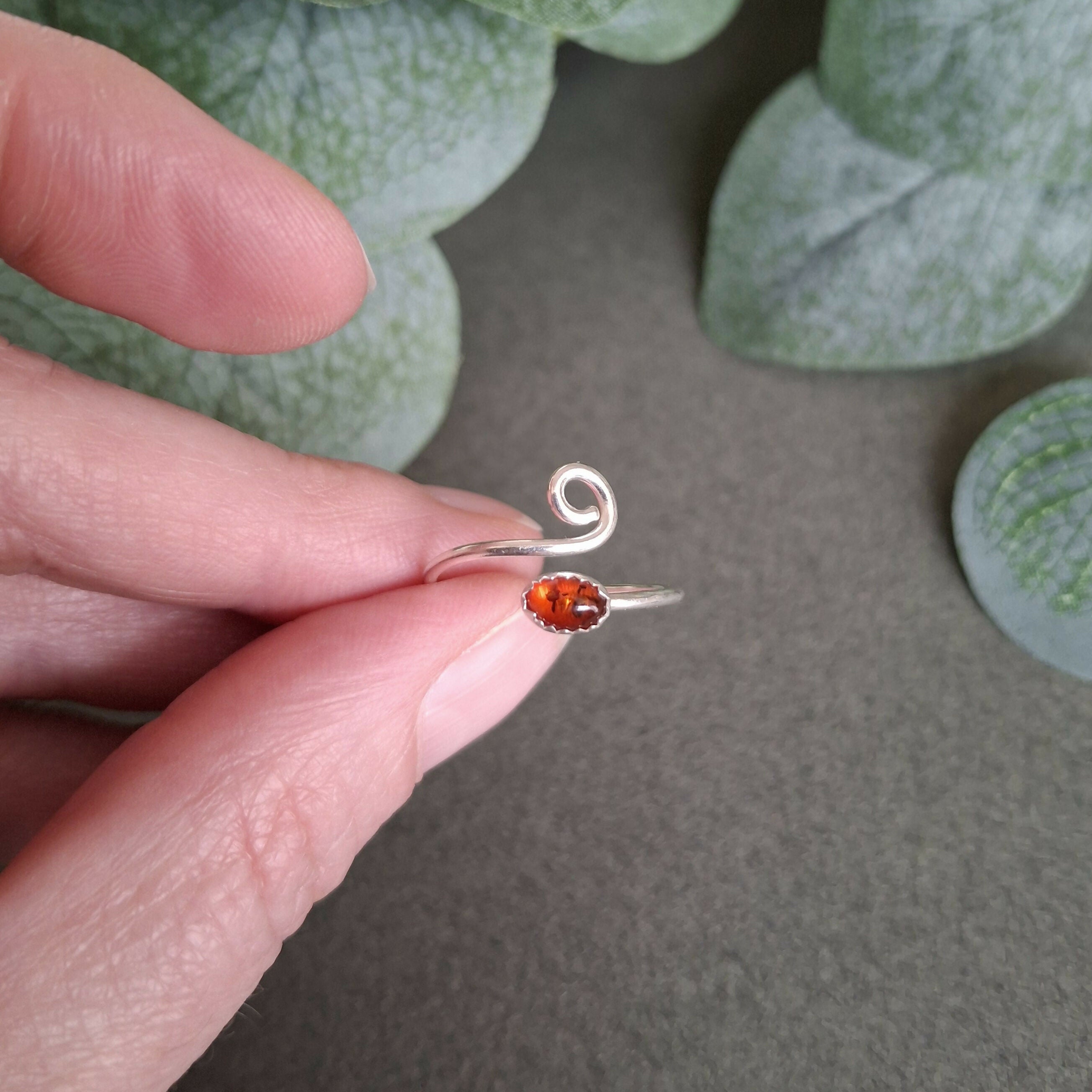 Handmade Adjustable Silver Amber Ring Size M
