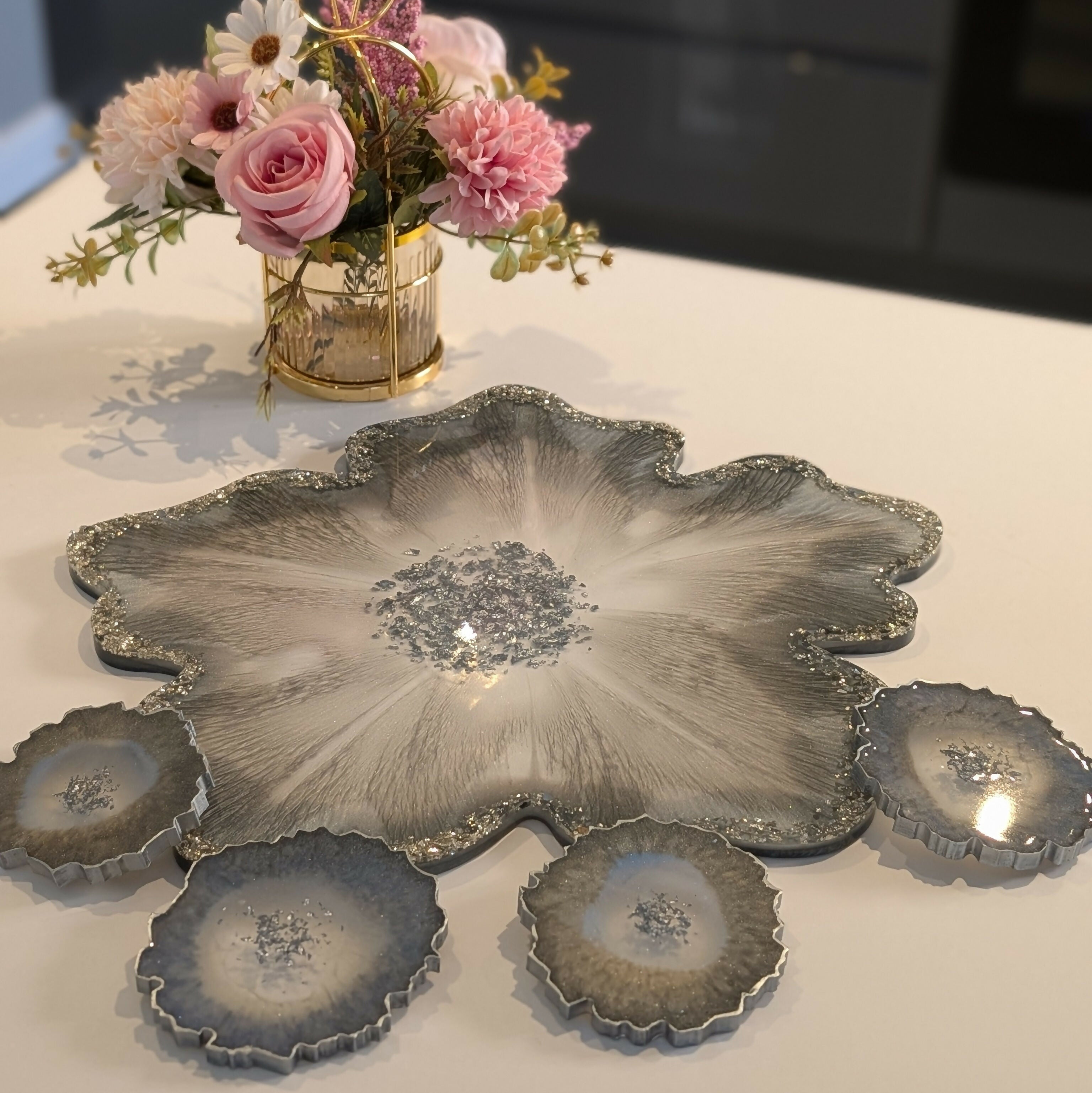 ELEGANT SILVER GREY HANDMADE WITH STONE TRAY AND COASTERS SET