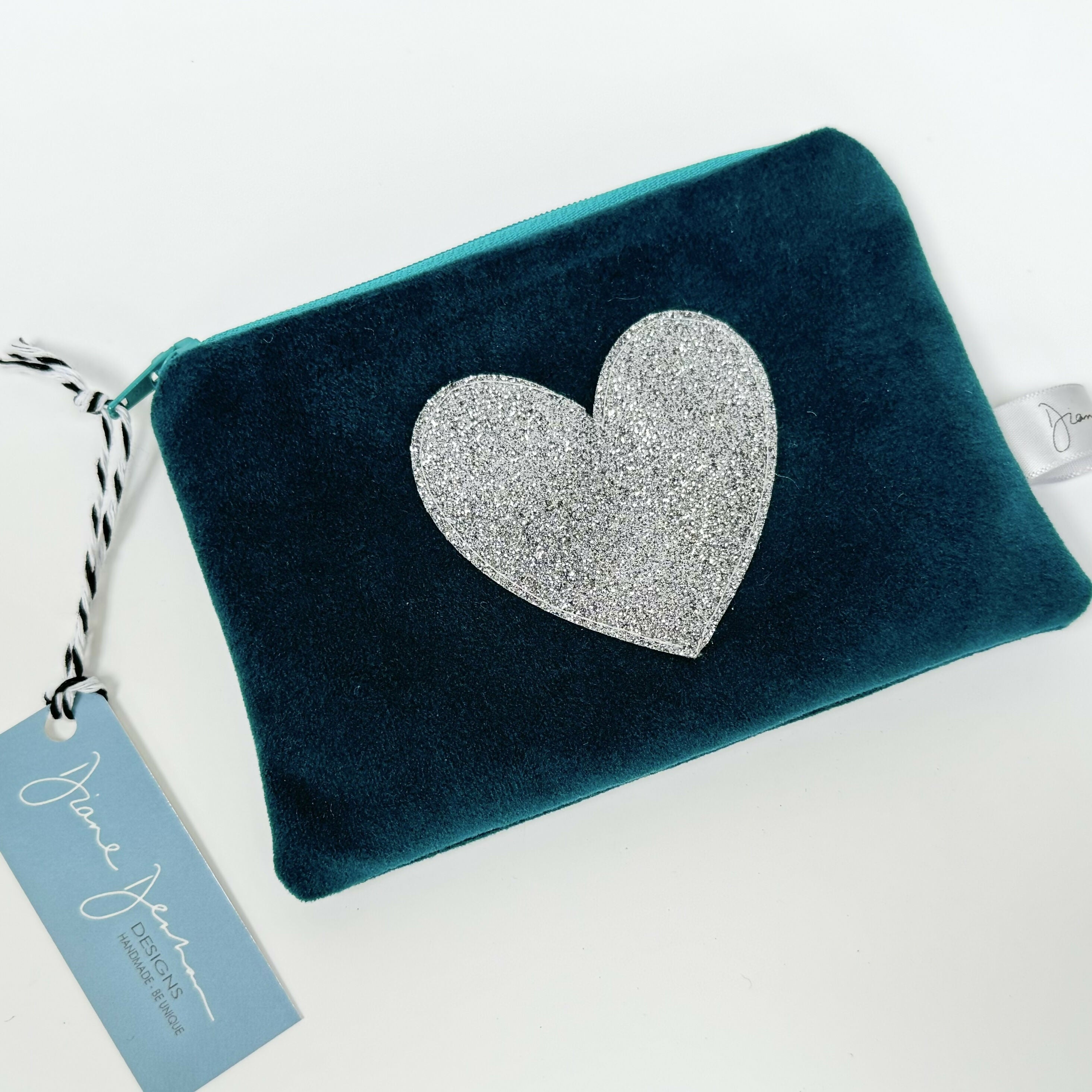 Teal Velvet Purse with Silver Sparkle Heart