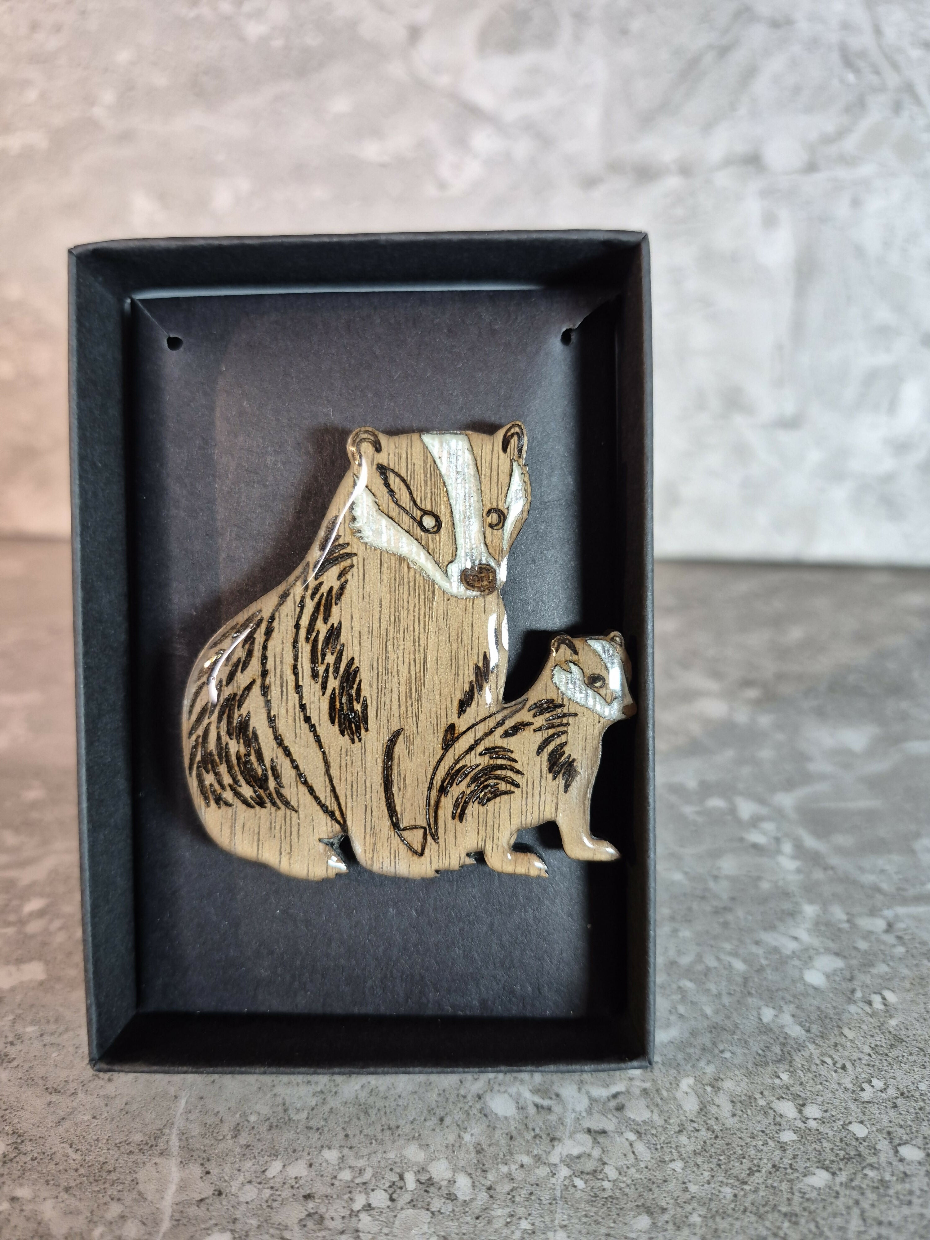 Handcrafted Walnut Veneered Badger and Cub Pin