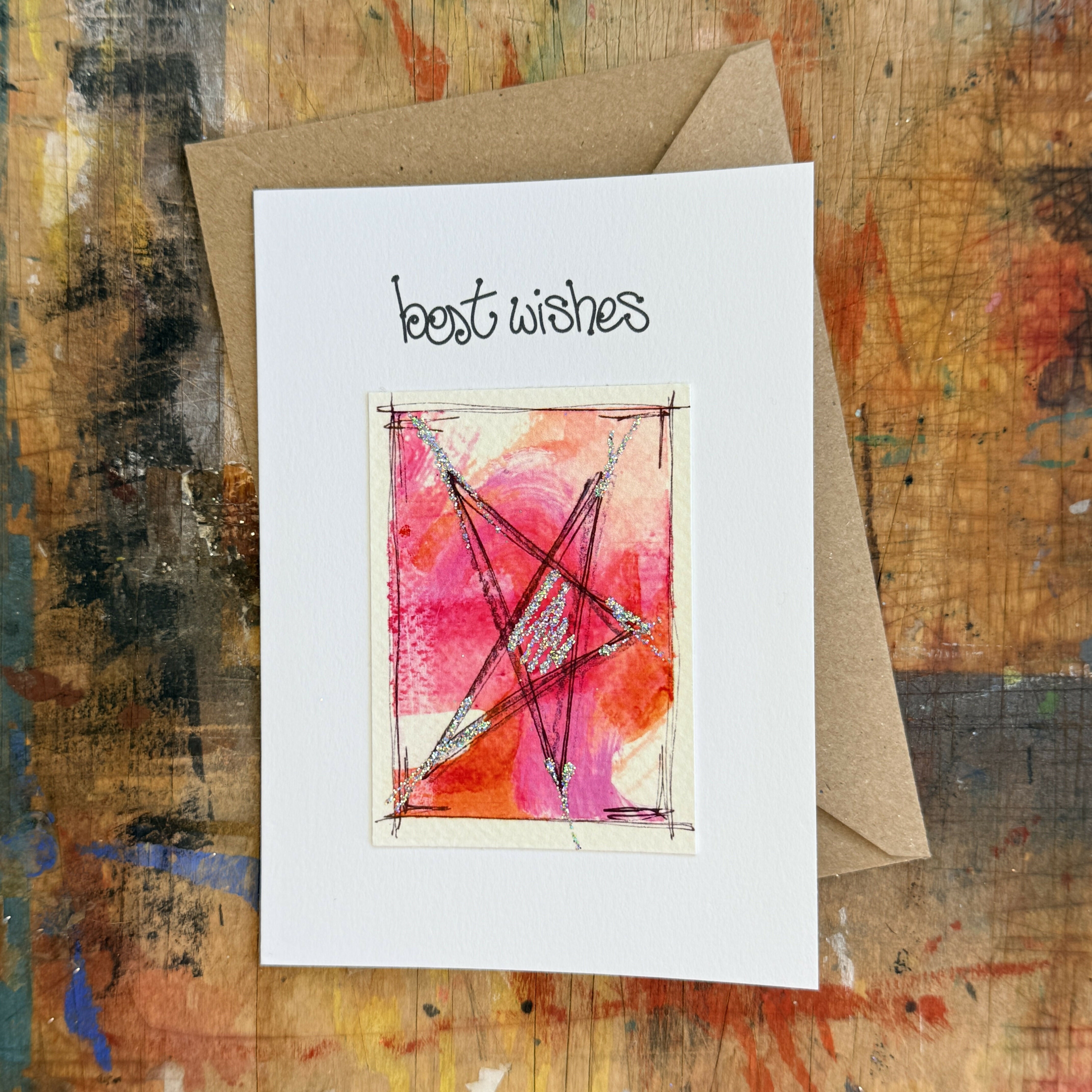 Abstract Sparkle Star Best Wishes Card in Pink