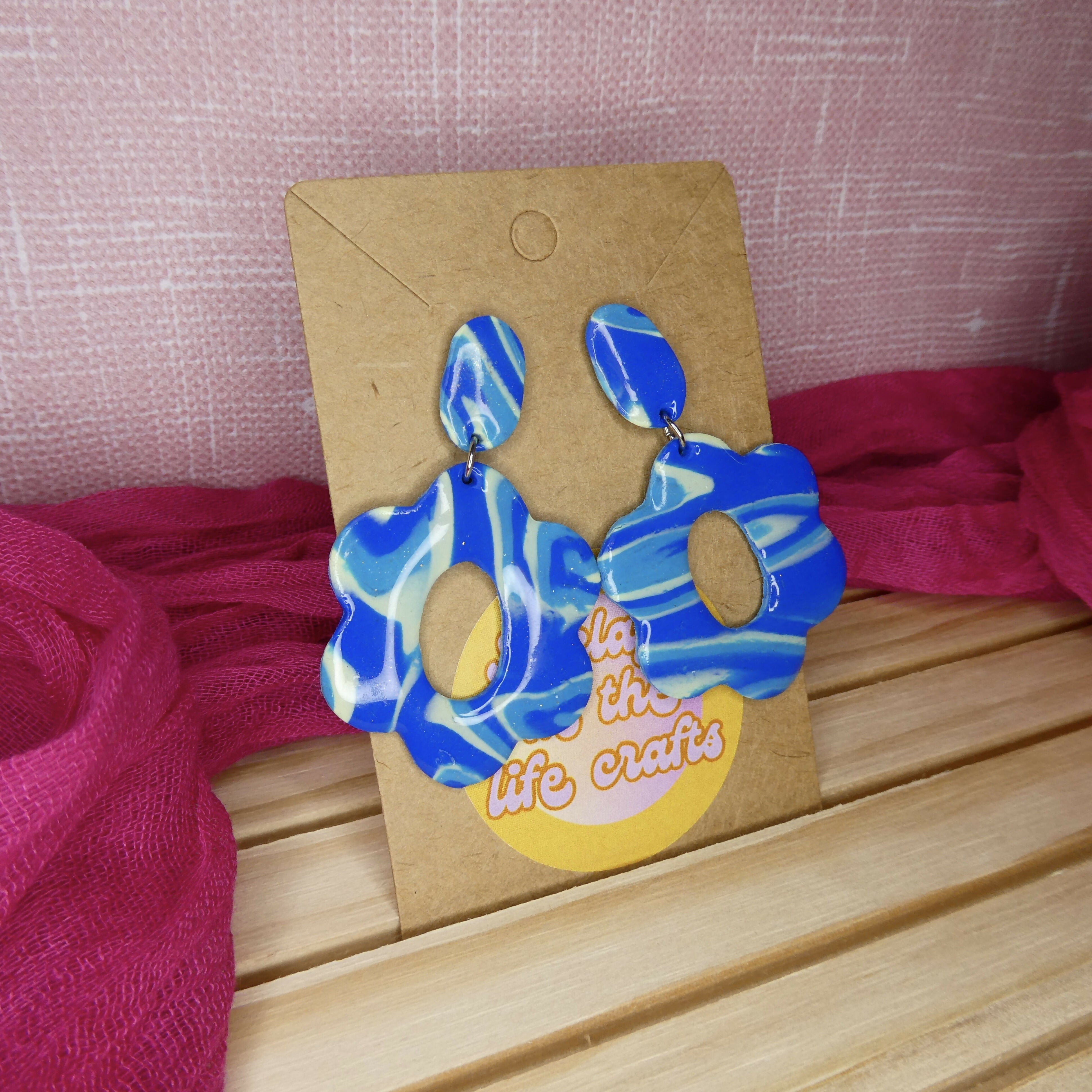Blue Swirly Flower Polymer Clay Earrings