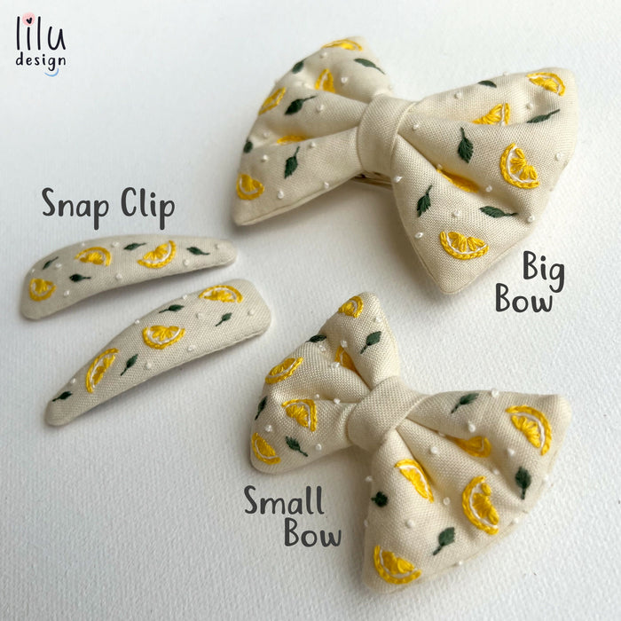Embroidered Hair Bow and Clips - Lemon