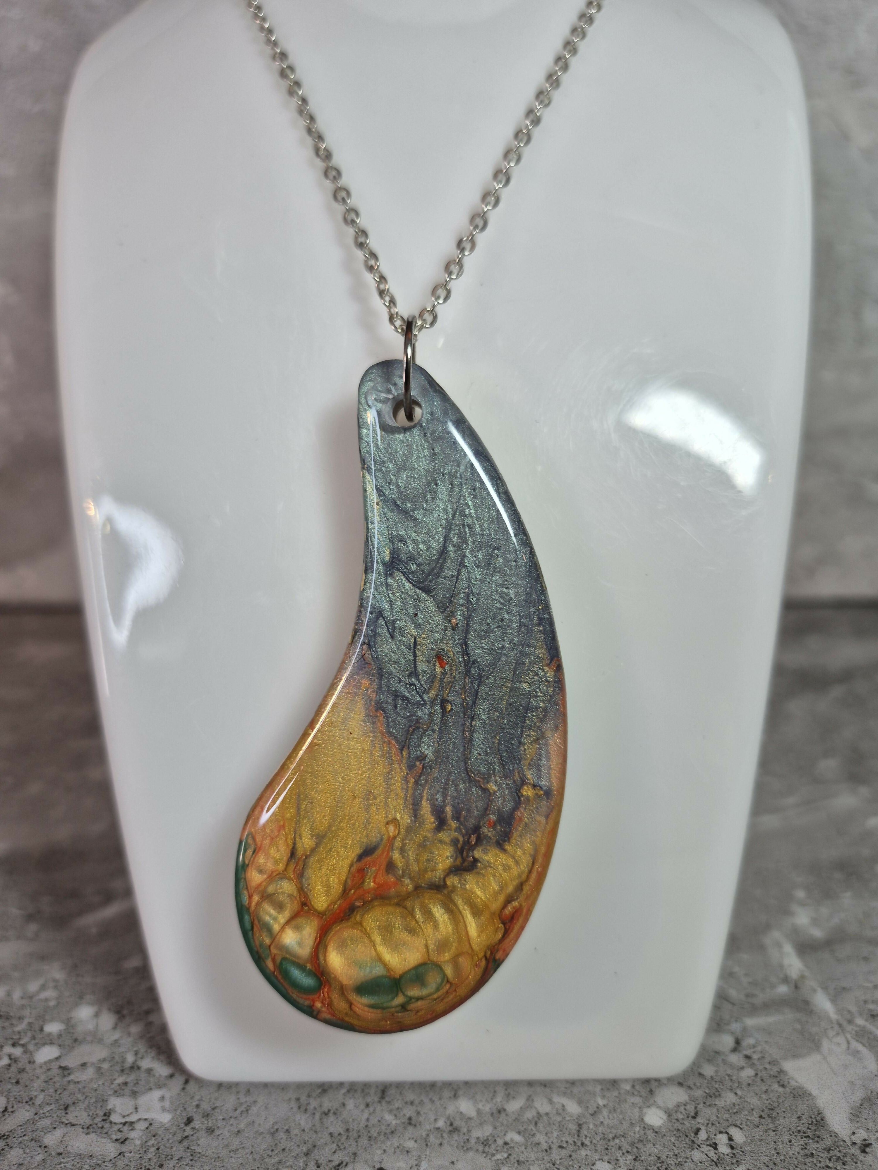 Unique Hand Crafted Tear Drop Shaped Blue, Gold Red and Green Pendant