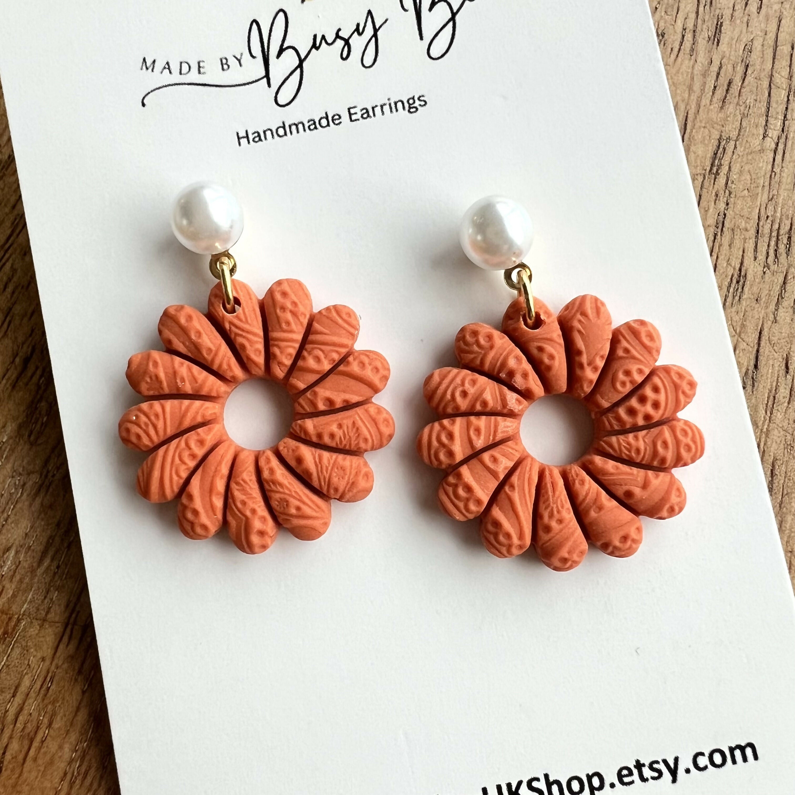 Flower Dangle Earrings – Polymer Clay Textured Earrings, Dainty Earrings, Handmade Clay Jewellery