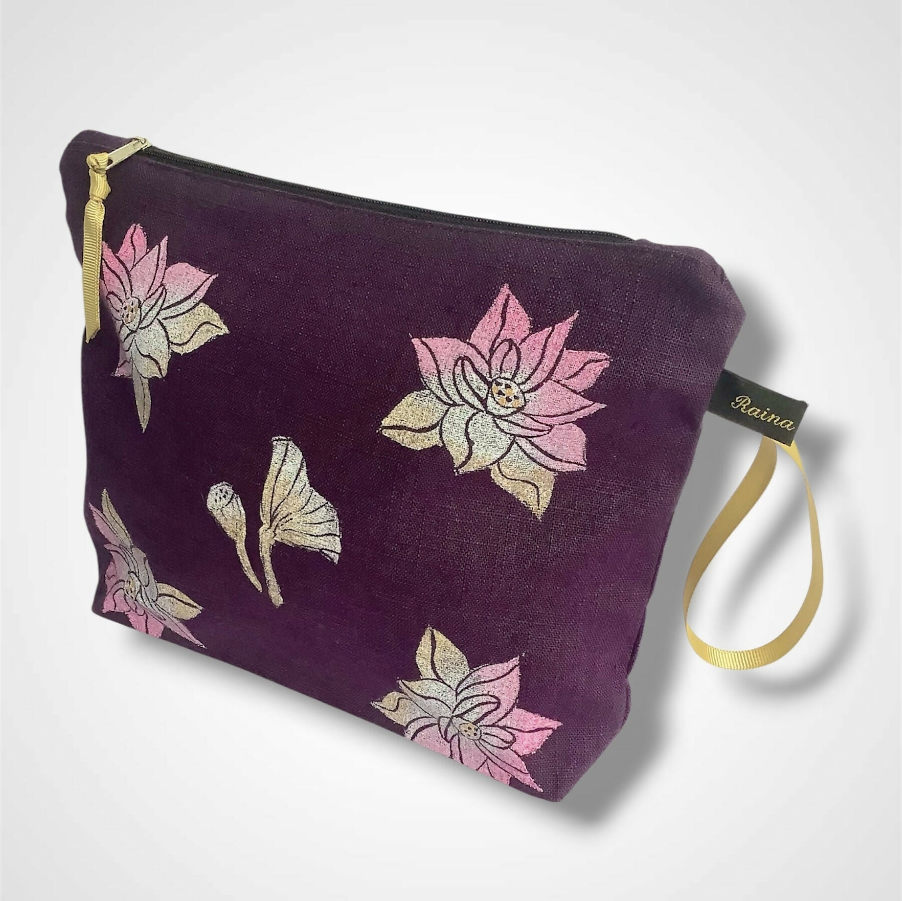 Purple Lotus Flower Linen Women’s Makeup Bag