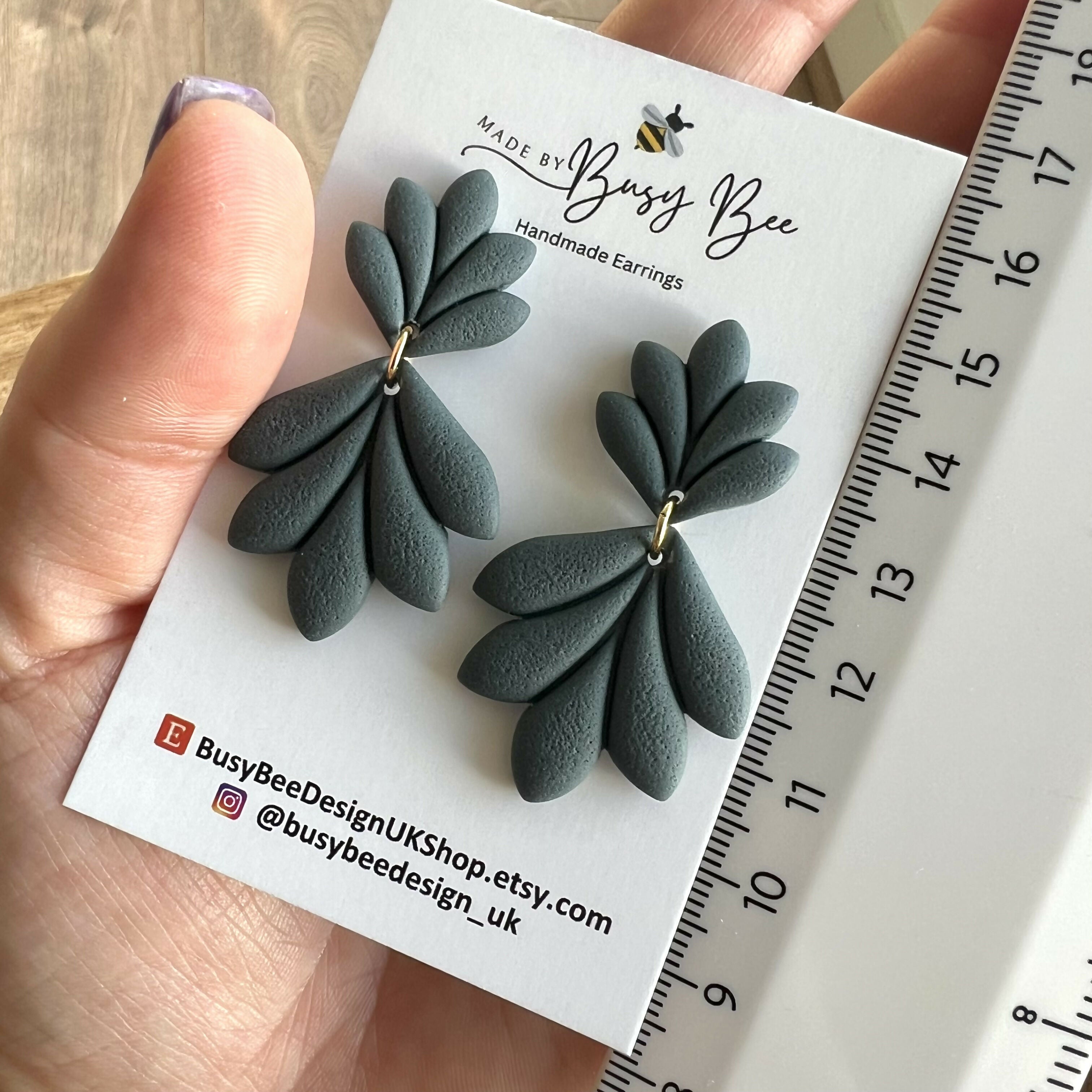 Boho Dark Blue Green Autumn Leaf Earrings /Statement Dangle Polymer Clay Earrings / Handmade Minimalist Jewellery