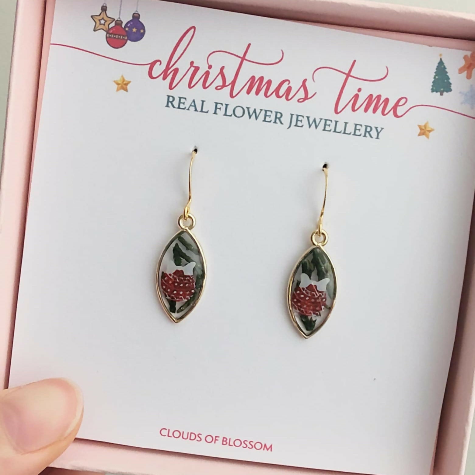 Real Christmas Tree Leaf Bauble Earrings Gold Plated