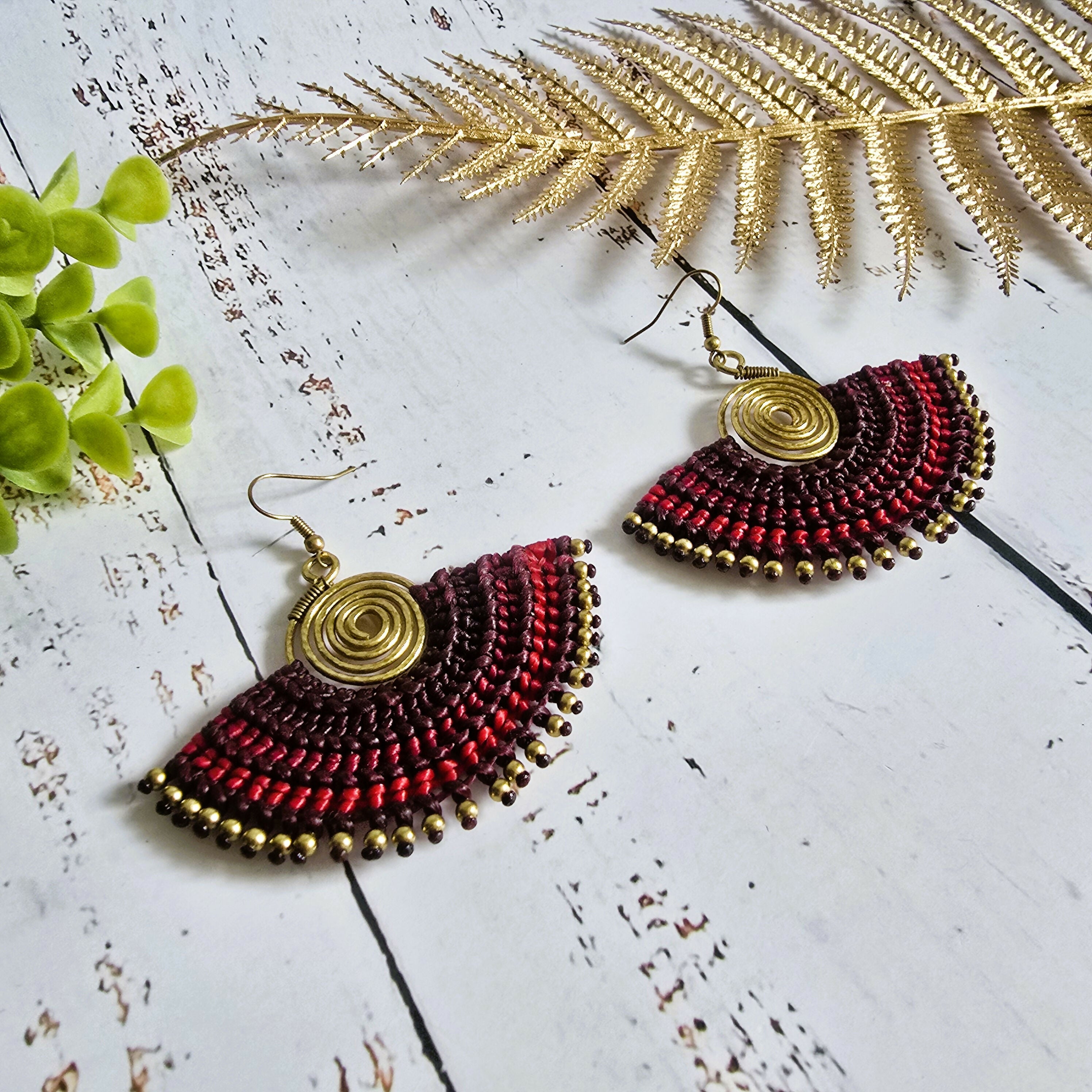 Red Macrame Fan Earrings; Statement Golden Spiral Wire-Art Thai Artisan Earrings