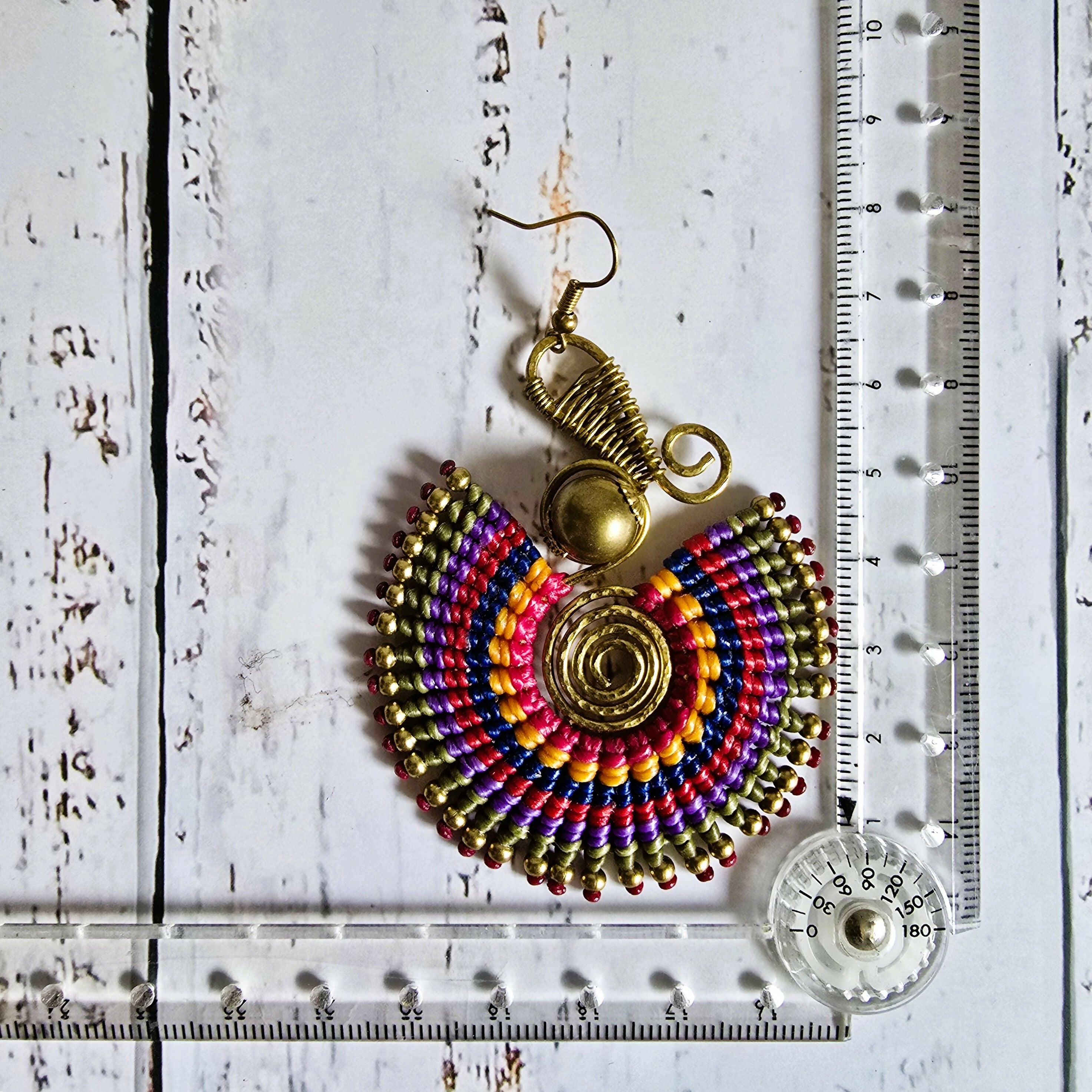 Rainbow Macrame Earrings: Gold Brass Spiral Boho Statement Earrings