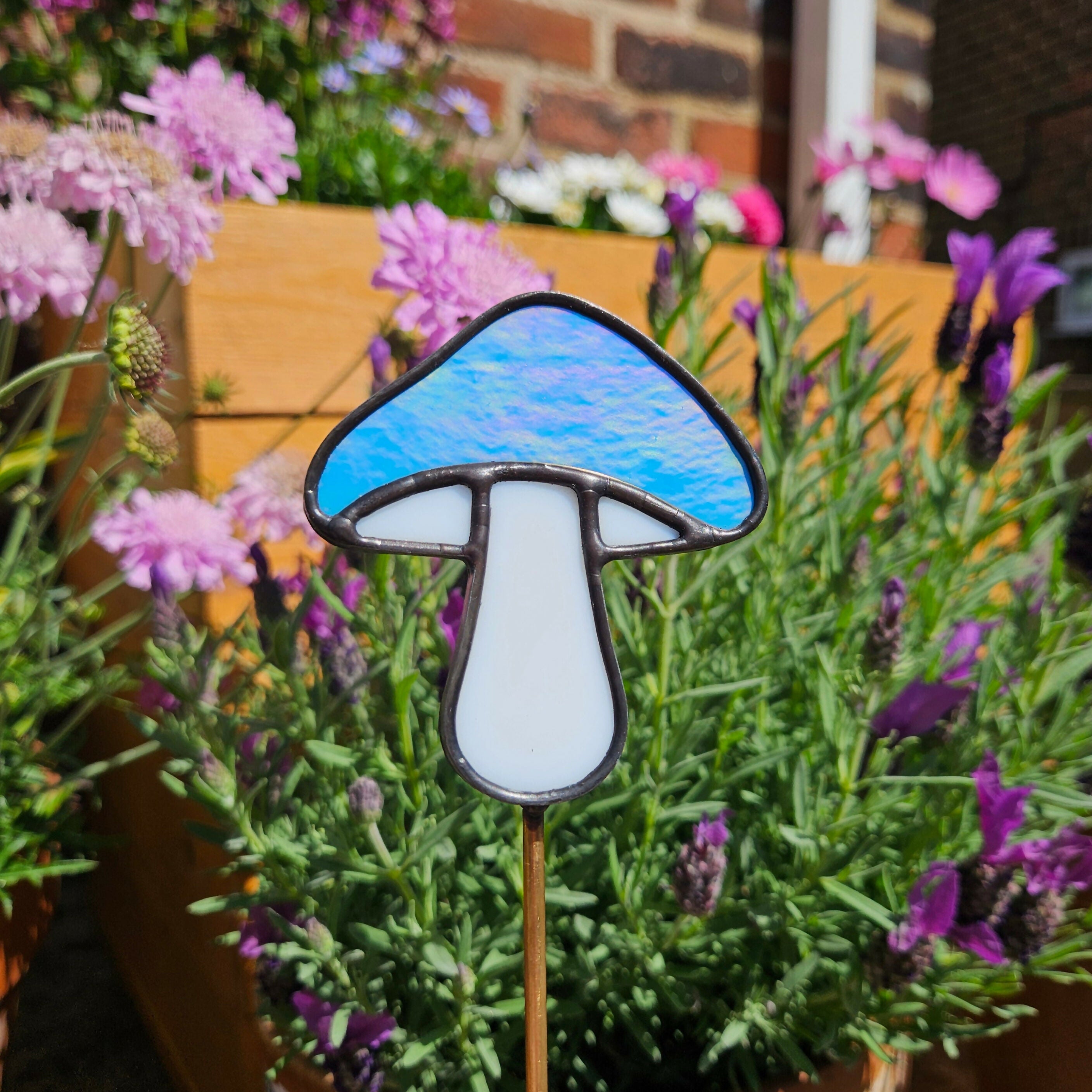 Iridescent Blue Mushroom Stained Glass Plantstake