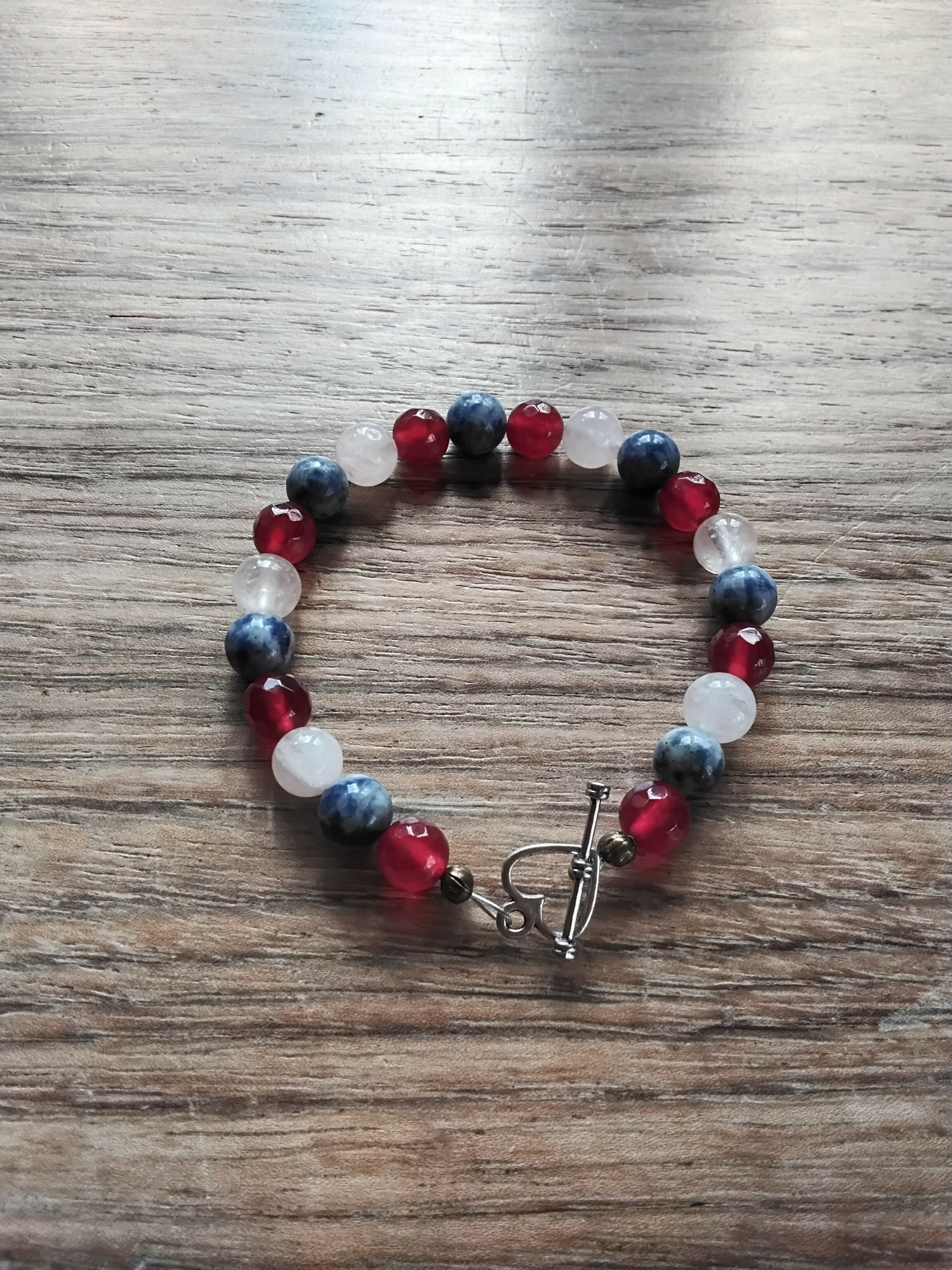 Tibetan Silver Toggle Catch Bracelet with Faceted Red Chalcedony, Blue Spot Agate & Rose Quartz.