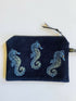 Midnight Blue Seahorses Velvet Zip-Up Pouch With Wrist Strap