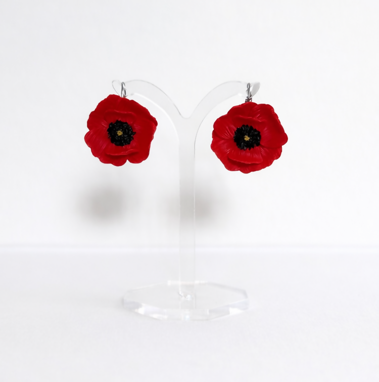 Red Poppy Drop Earrings with Textured Black Centre