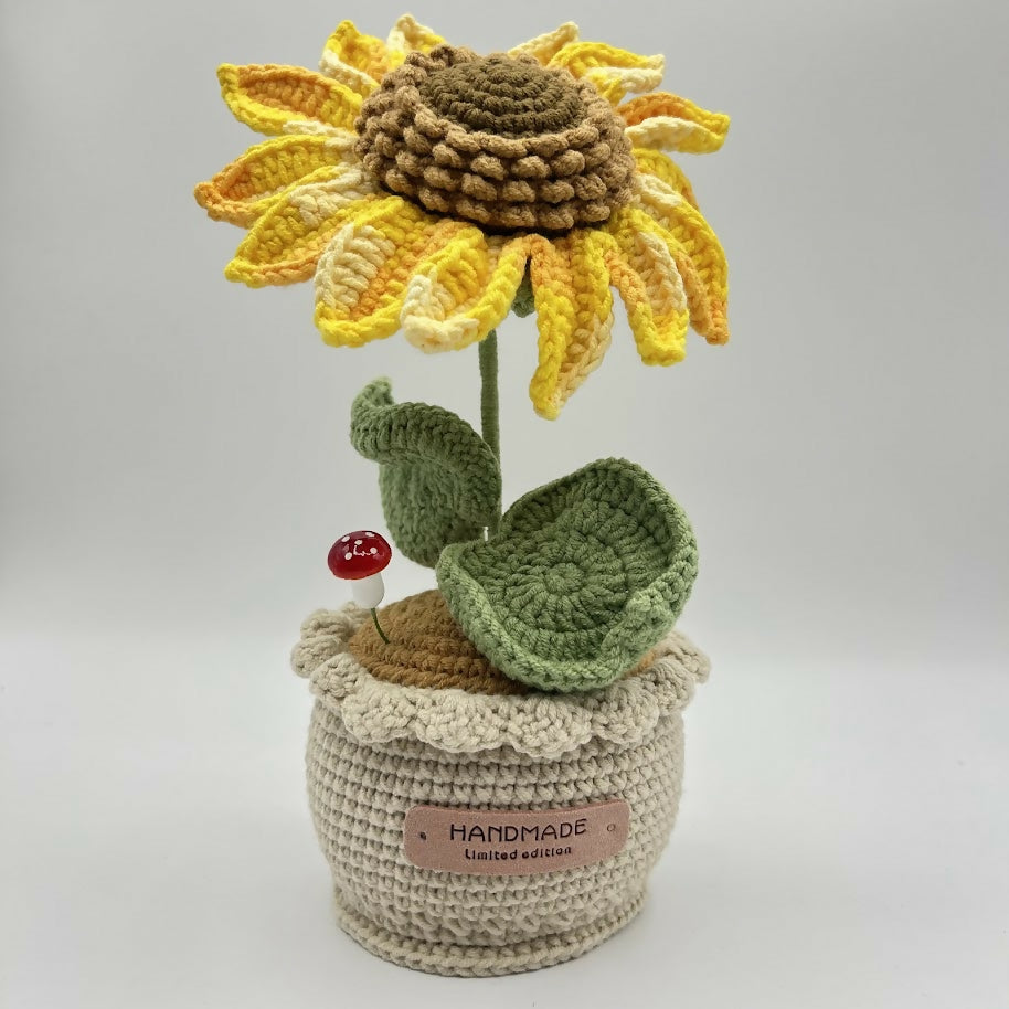 Crochet Sunflower in Scallop Edge Pot with Toadstool