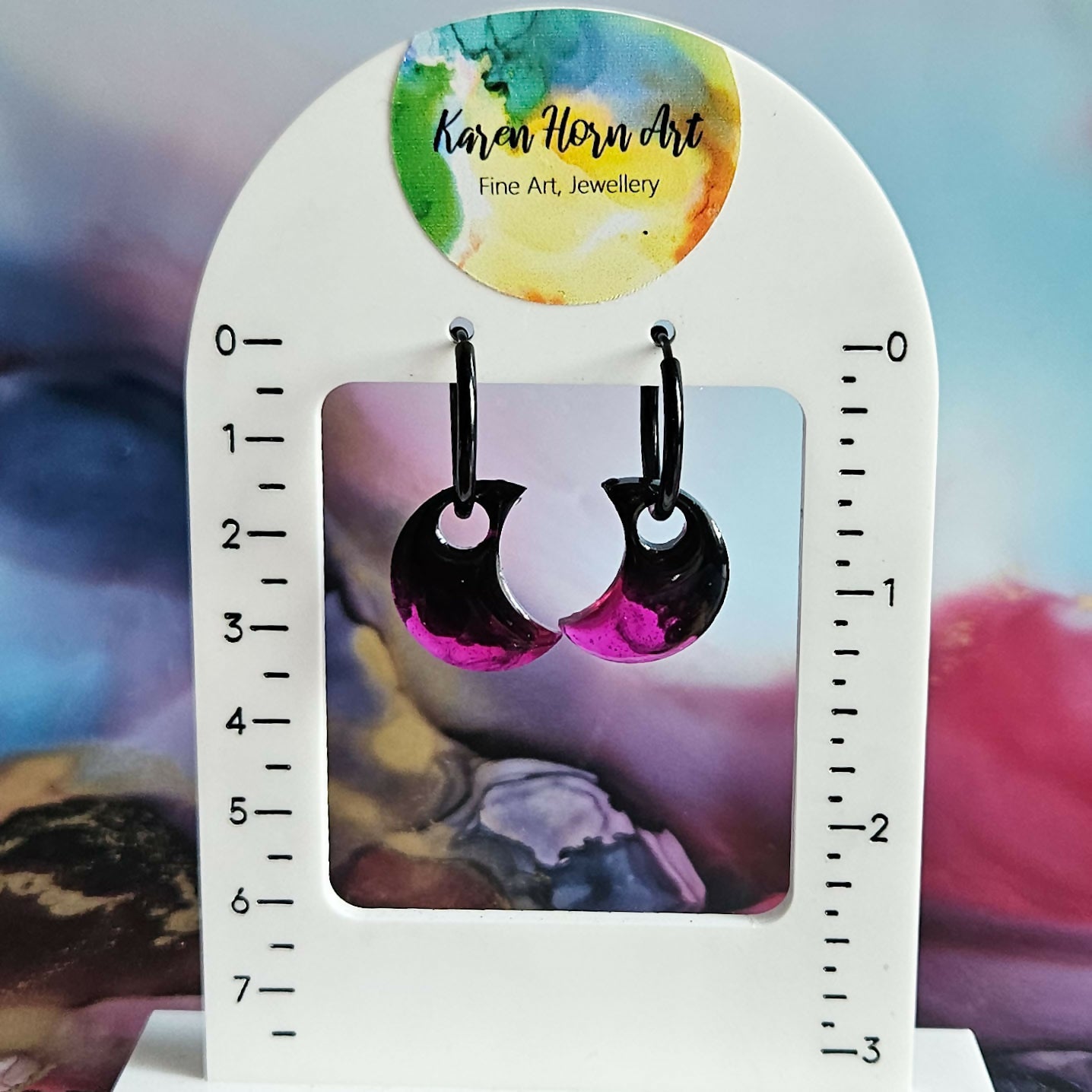 Handmade Black Pink Moon Resin Charms On Black Hoops