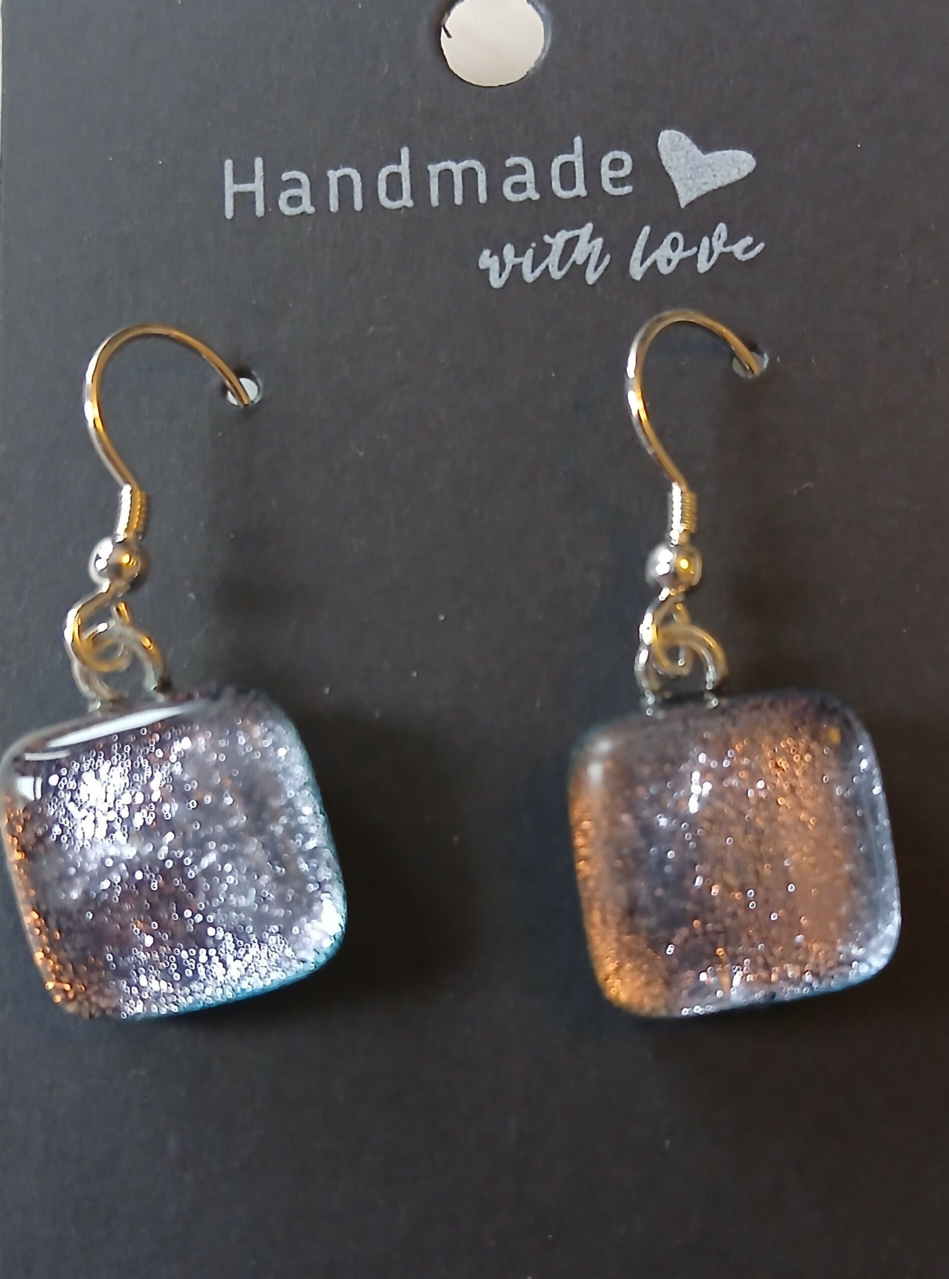 Fused Dichroic Glass Square Earrings in Silver with Sterling Silver Hooks